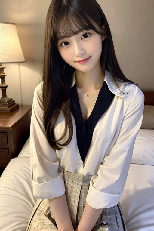 Masterpiece, best quality, high resolution, an extremely delicate and beautiful, night, hotel room, on the bed, school uniform, light smile, (((flat chest))), long hair, blunt bangs, young woman, (((young face))), (((pretty face))), (pretty japanese woman), detailed pretty face, perfect face, realistic, photorealistic