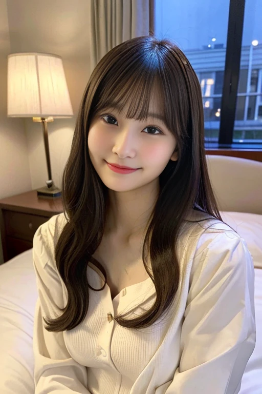 Masterpiece, best quality, high resolution, an extremely delicate and beautiful, night, hotel room, on the bed, school uniform, light smile, (((flat chest))), long hair, blunt bangs, young woman, (((young face))), (((pretty face))), (pretty japanese woman), detailed pretty face, perfect face, realistic, photorealistic