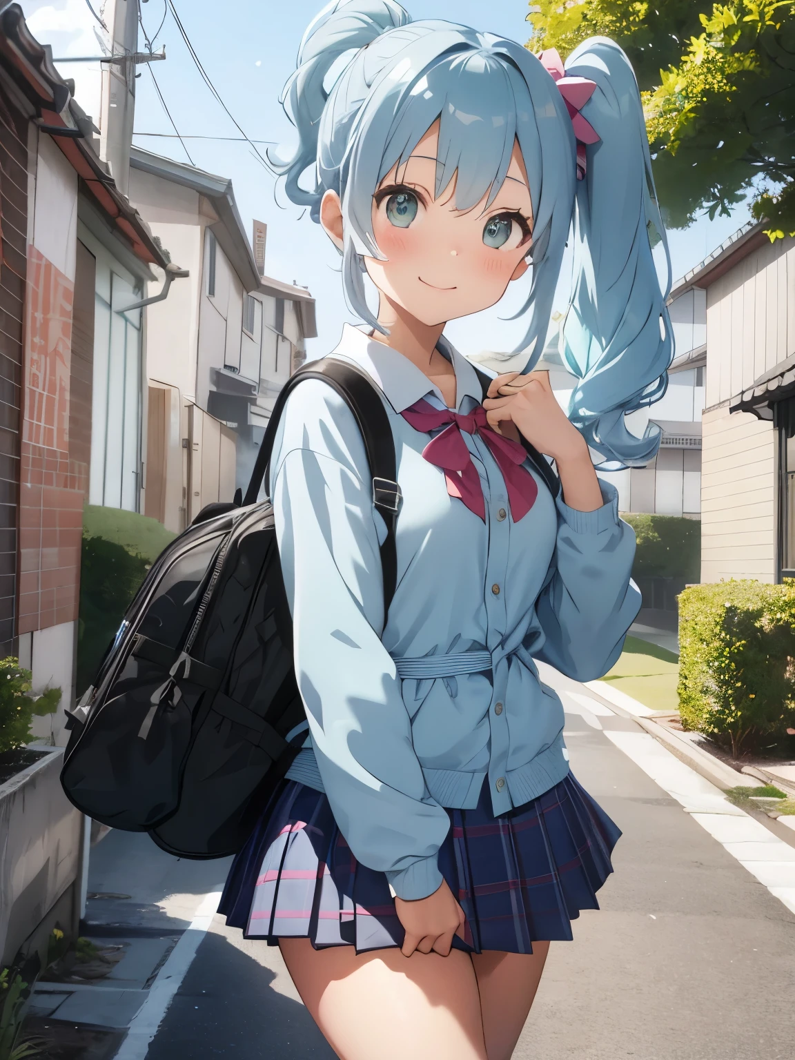 Soft and gentle pattern。anime illustration。Her hair is light blue and has curls.、side ponytail、Big striped ribbon hair clip at the knot。The hair in the ponytail is permed and fluffy.。Girl with green eyes。her face is cute、Confident smile。Appearance of about 12 years old。hands on both cheeks。Long sleeve blazer type student uniform。backpack type student bag。Roads in residential areas。good morning。☀️。
