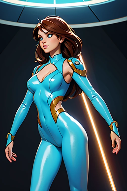 Best quality, 8K, vivid color, woman retro futurism, static pose, looking to observer, brown hair, long eyelashes, light blue shiny leotard, cleavage, metalic details, light pantyhose, neutral sci-fi white spaceship scenario