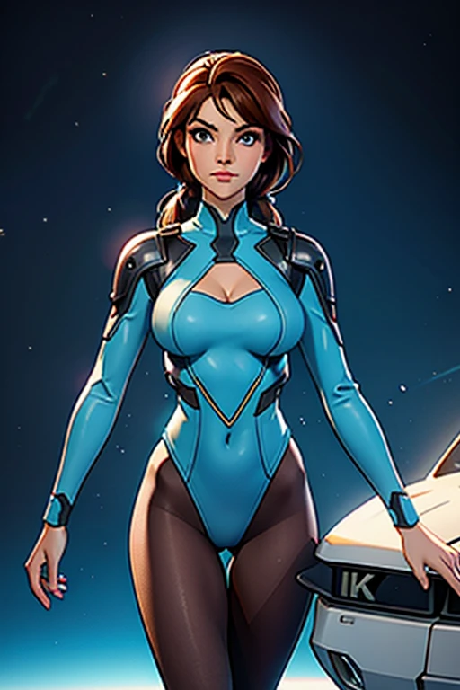 Best quality, 8K, vivid color, woman retro futurism, static pose, looking to observer, brown hair, long eyelashes, light blue shiny leotard, cleavage, metalic details, light pantyhose, neutral sci-fi white spaceship scenario