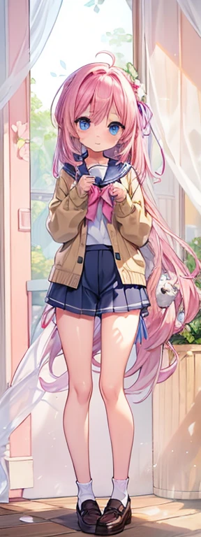 beautiful illustrations, highest quality,(12 year old girl:1.5)、(cute girl:1.6)、、flat chest、(Brown cardigan、sailor suit、pink ribbon:1.2)、(culotte shorts:1.2)、beautiful thighs、beautiful blue eyes, cinematic lighting, (pink long hair)、((pink straight hair))、(embarrassing)、Redness of the cheeks、