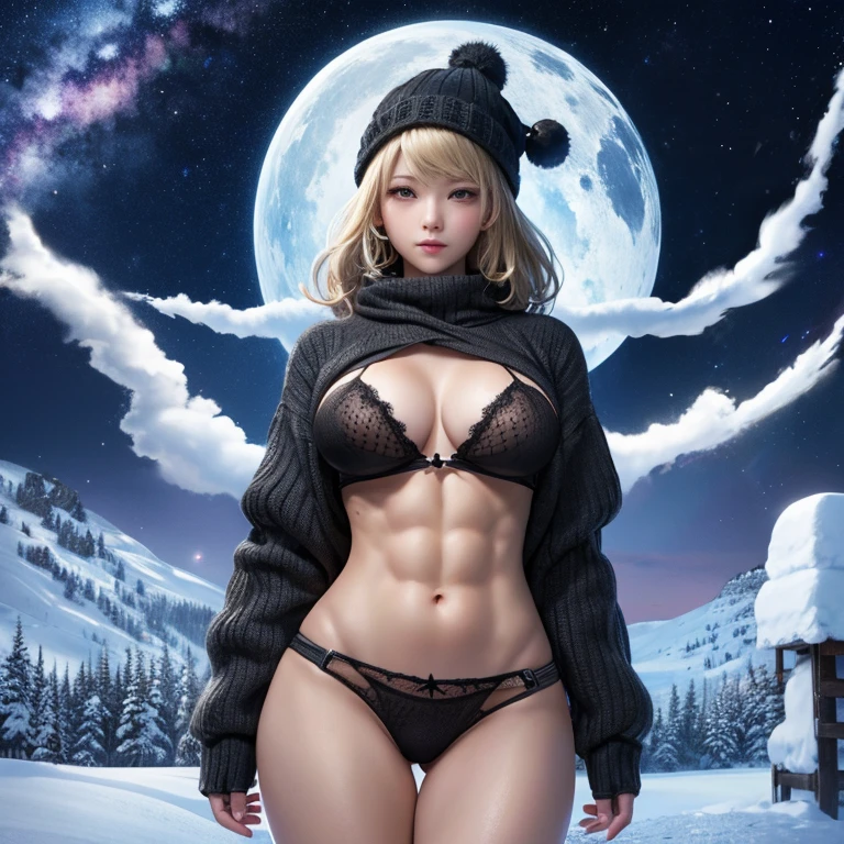 High resolution、masterpiece、highest quality、adult woman、Half Japanese, half American、Little tan、black sheer bra、The lower body is wearing denim、bewitching look、slender、お腹のAbs are visible、I can't see the nipples、The shape of the chest looks beautiful、The chest is a beautiful sphere、blonde、Abs are visible、eye shadow、Turn left and right arms back、whole body画像、My abdominal muscles are cracked、big breasts、blondeヘアー、whole body、Arm muscles are visible、look ahead、snow山、snow、beautiful scenery、dim夕方、the chest is slightly visible、5 beautiful fingers、Black knitted hat、Black knitted hat、neat fingers、Only stars in the night sky、dim、Little light、白いKnitted gloves、Knitted gloves、