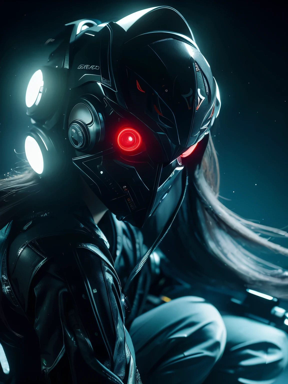 (grainy:0.5), Normal,girl, space, Serious, delicate eyes, Detailed face, Detailed futuristic clothing, lights on clothing, (Aiming guns:1.1), (hides:1.1), (Squatting, looking aside:1.1), Volumetric lighting, isolation, fear, Dark lighting, Red bioluminescent details, Green bioluminescent details, Blue bioluminescent details
