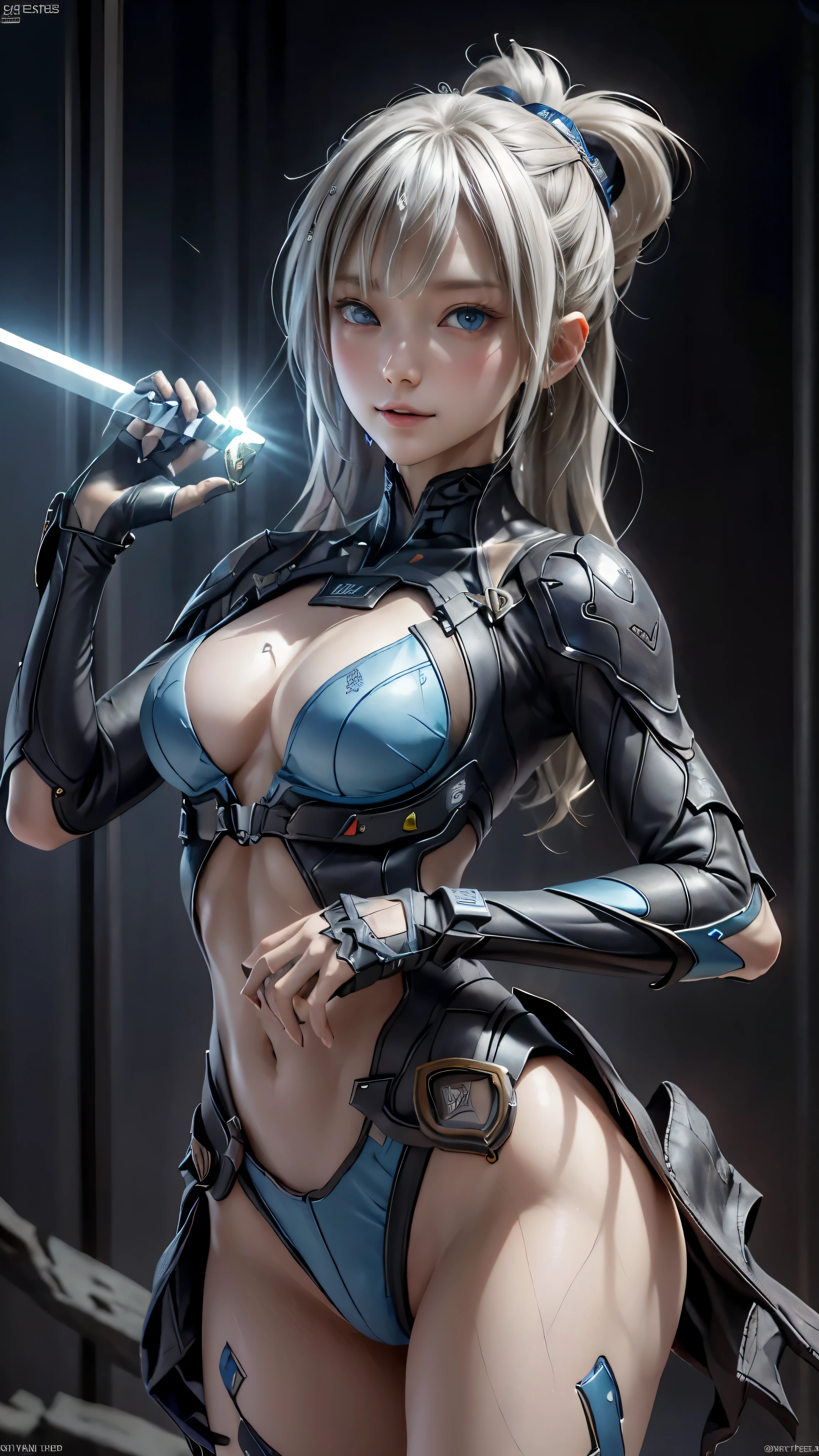 ((highest quality)), ((masterpiece)), (be familiar with:1.4), 。.。.。.3D, beautiful cyberpunk woman image,nffsw(high dynamic range),ray tracing,NVIDIA RTX,super resolution,unreal 5,scattered below the surface,PBR texturing,Post-processing,anisotropic filtering,written boundary depth,maximum clarity and sharpness,multilayer texture,Albedo and specular maps,surface shading,Accurate simulation of light-matter interactions,perfect proportions,octane rendering,two-tone lighting,wide aperture,Low ISO、White balance、Rule of thirds、8,000 students、((Holding a sword in your hand))(((white and blue clothes)))(((blonde)))