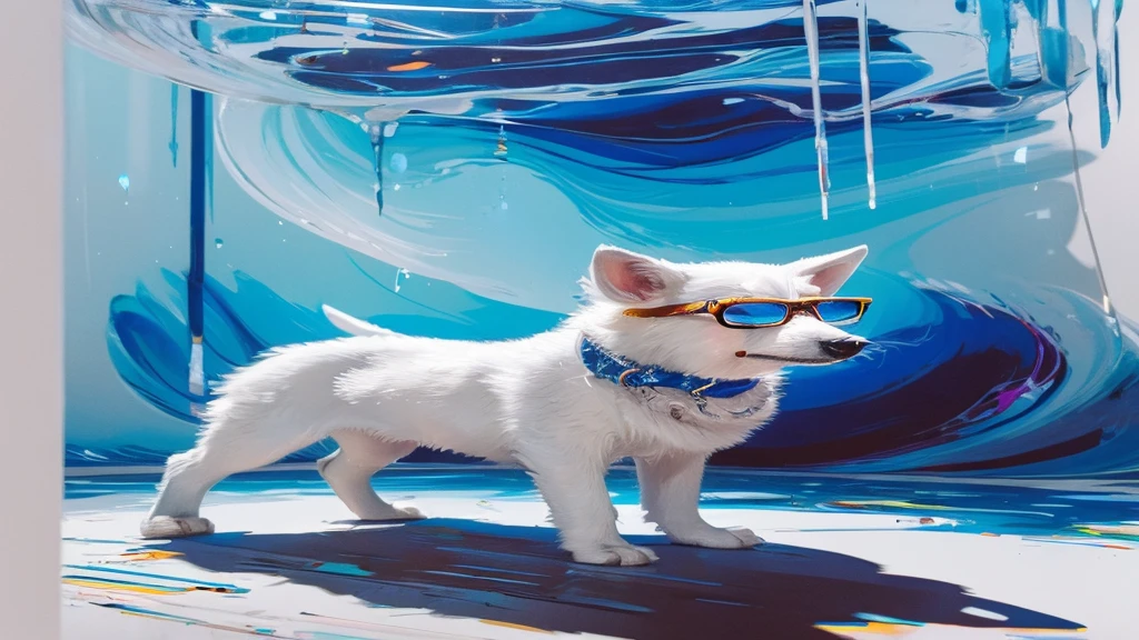 Perfect centering, A cutewhite wolf pup all over, Wear a student jacket, Wearing sunglasses, Wearing headphones, Standing position, Abstract beauty, Centered, Looking at the camera, Facing the camera, nearing perfection, Dynamic, Moonlight, Highly detailed, Digital painting, art stations, concept-art, smooth, Sharp focus, 8K, high definition resolution, illustration, Art by Carne Griffiths and Wadim Kashin, White background