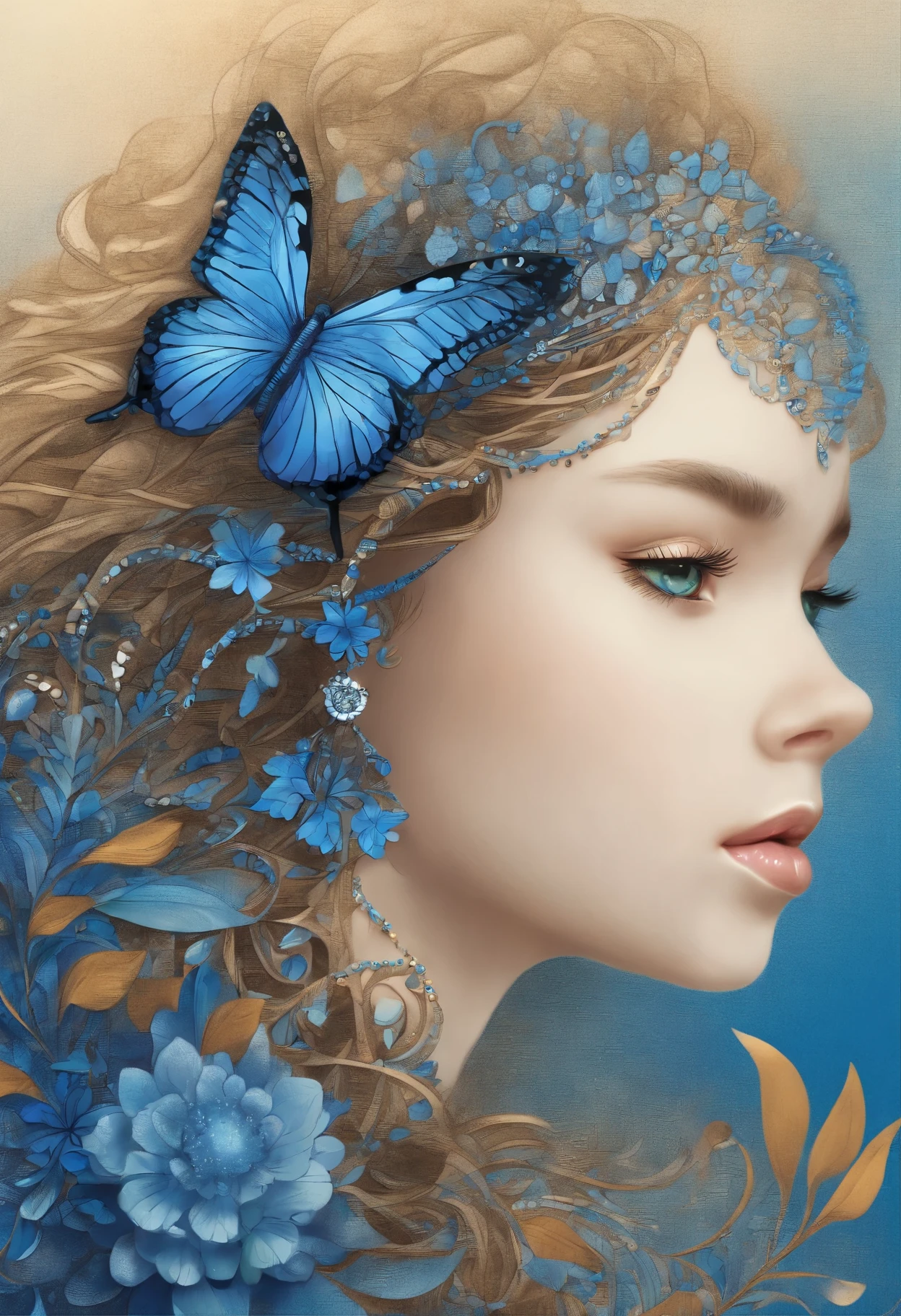 (1 girl with beautiful face、、solo、From the side)、very detailed、(abstract background、zentangle、fractal art:1.5)、(blue theme、Colorful:1.1)、(wing、petal、blue flower:1.3)、dynamic pose、earrings
