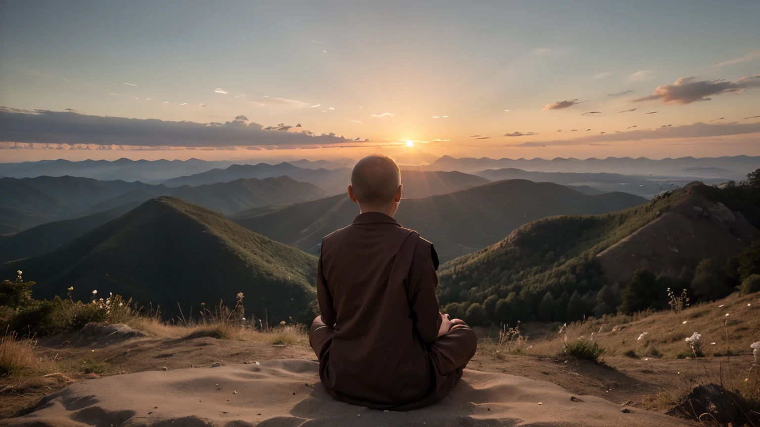 Former monk meditating on a mountain peak,,Sunrise behind the monk, Ultra fotorealistisch, viel Sonne