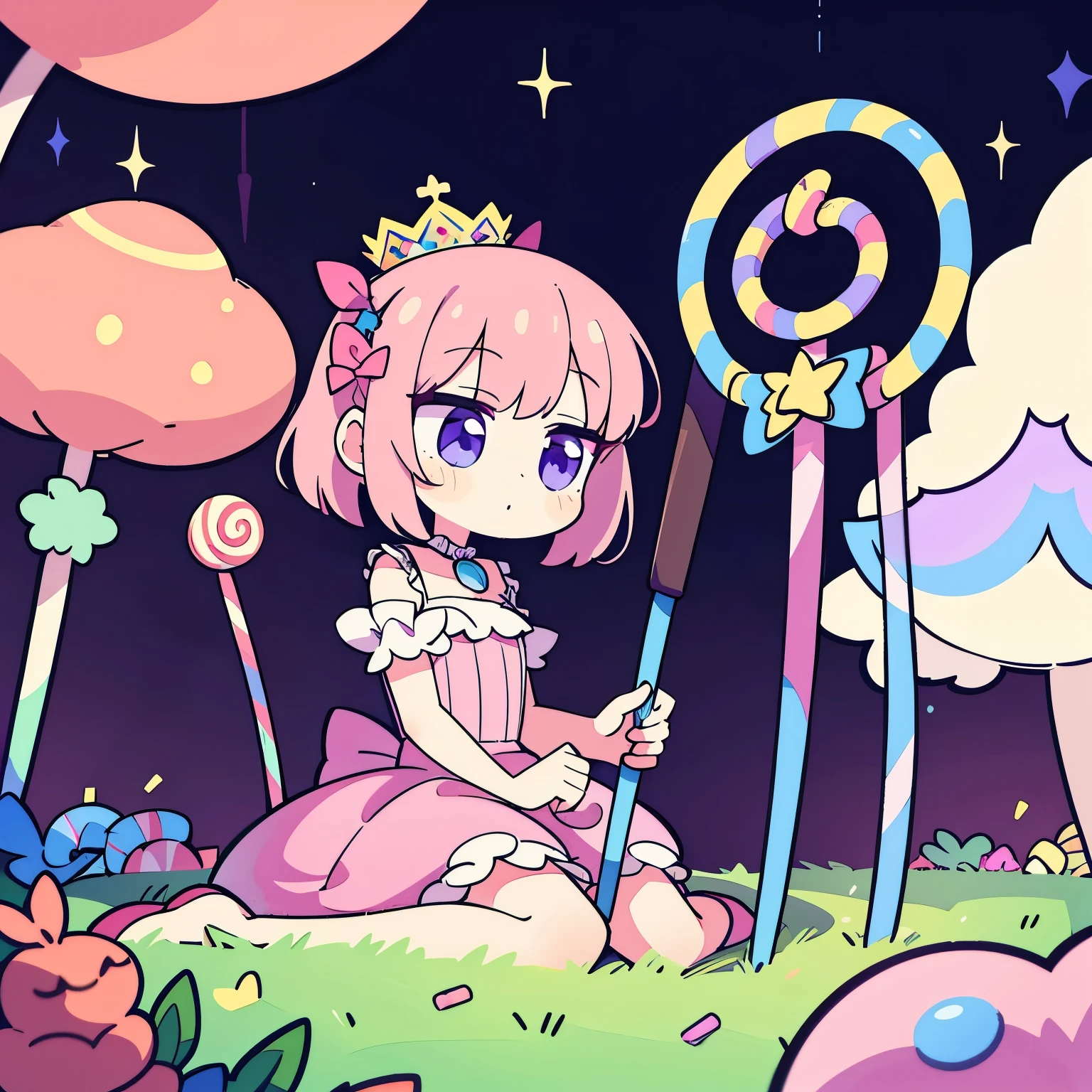 scepter, lots of candy, gumdrops, candycanes, rainbow, candy, (a field of candy), 1 girl, queen of sugar, pink dress, a Sceptor of candy
