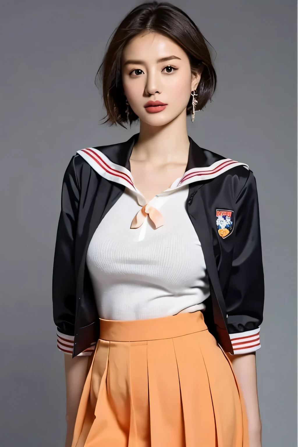 (highest quality,8K,masterpiece),studio photography,
Very beautiful Japan models,fine skin,realistic skin, lip gloss,rouge,
very short hair,pixie cut,
School_uniform, big earrings,costume,expression of ecstasy,
big breasts,peach,
skirt, big breasts,JK uniform,sailor uniform gray background