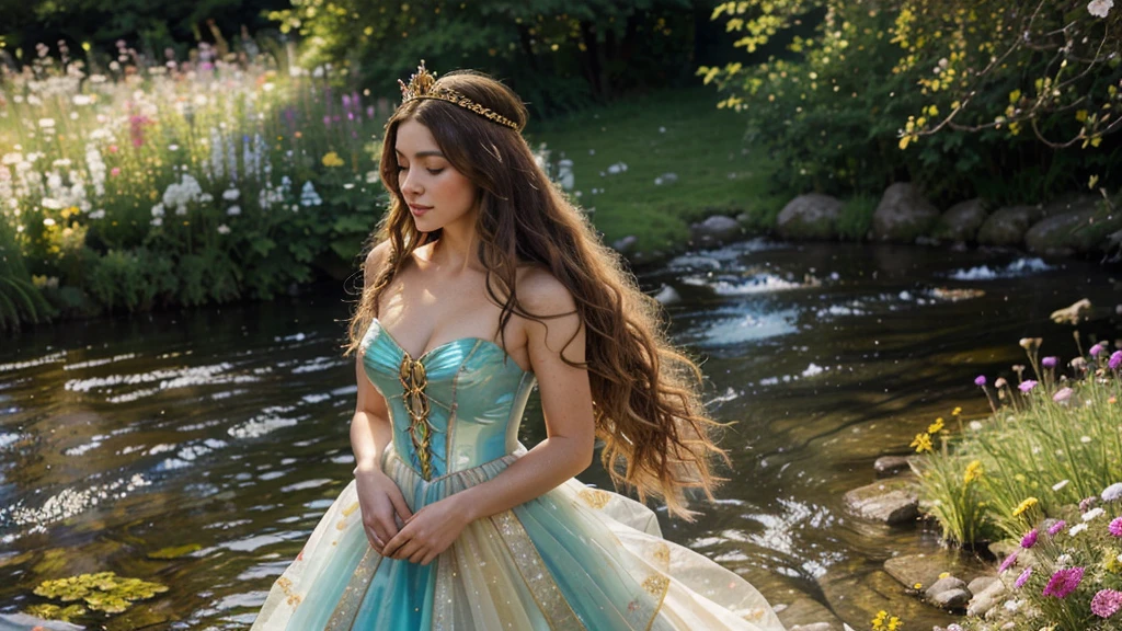 Hyper realism, HD, Exotic. A dainty lady, long wild wavy hair. Fragile, alluring. Wearing a golden, jewel encrusted crown, she is a queen. Walking alongside a babbling brook in a meadow filled with cottage garden flowers. Majestic, vibrant colored butterflies grace her presence. A whimsical, almost transparent dress composed entirely of elegant, iridescent, gossamer like thread from spider’s web, spun into a magical costume, shimmers in the light and subtly reflects the colors of the flowers. She and the foreground are in ultra high focus