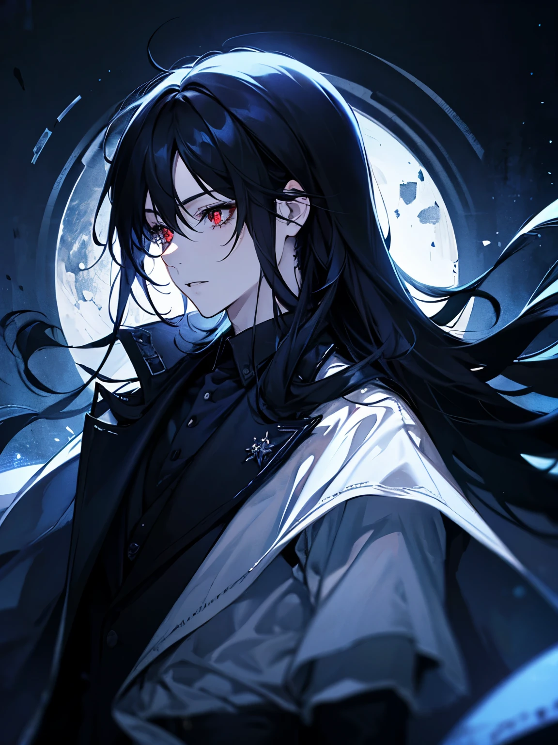 1man，Masculinity，Gorgeous dark atmosphere, man in black suit，red eyes，Long pure black hair，late night，Very long black hair