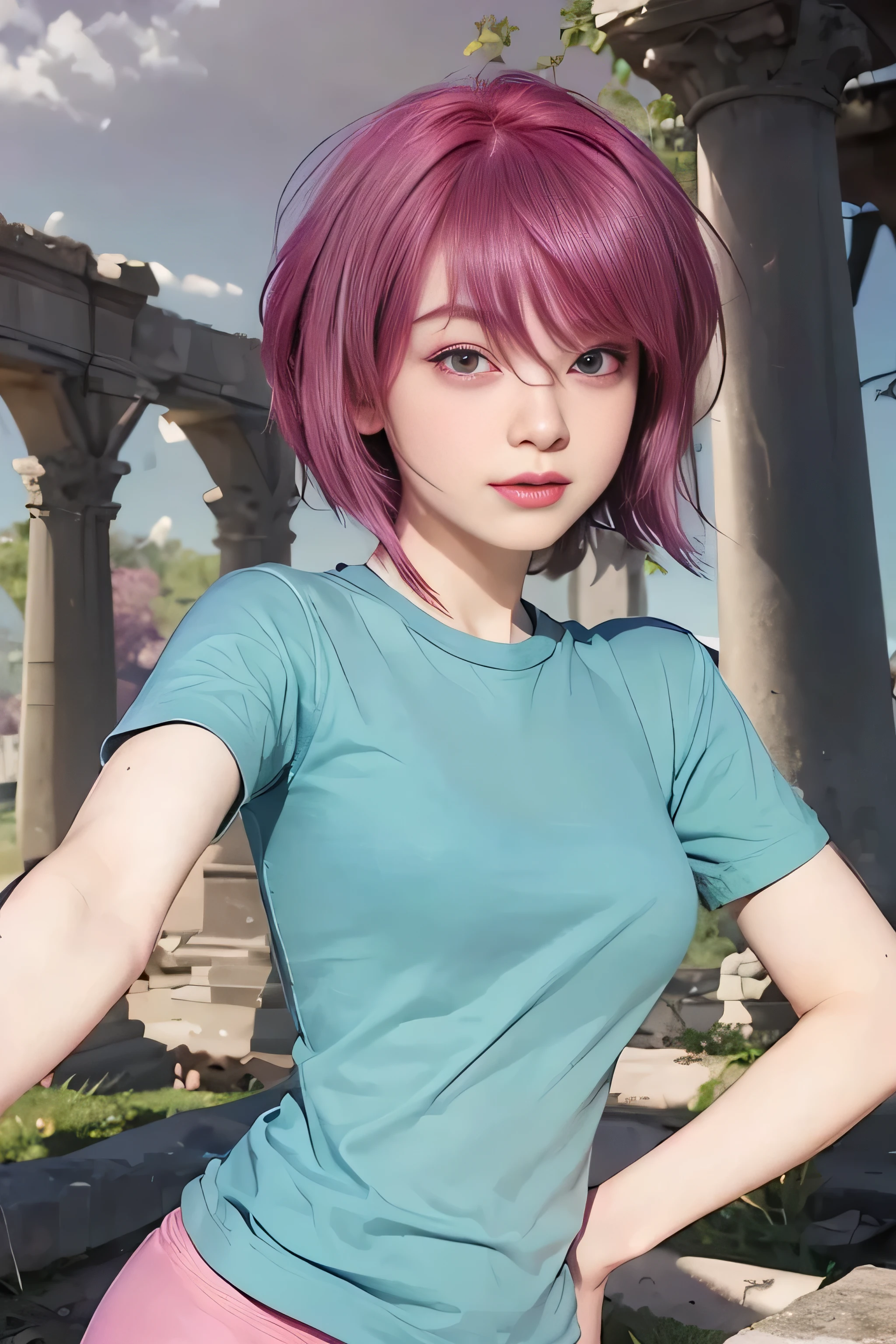 masterpiece, best quality, (realistic,photo-realistic:1.4), (RAW photo:1.2), extremely detailed CG unity 8k wallpaper, delicate and beautiful, amazing,finely detail, official art, absurdres, incredibly absurdres, huge filesize, ultra-detailed,extremely detailed eyes and face,light on face,little smile,(magenta hair:1.4),short hair,(wearing t-shirt:1.4),(ruins background:1.4)