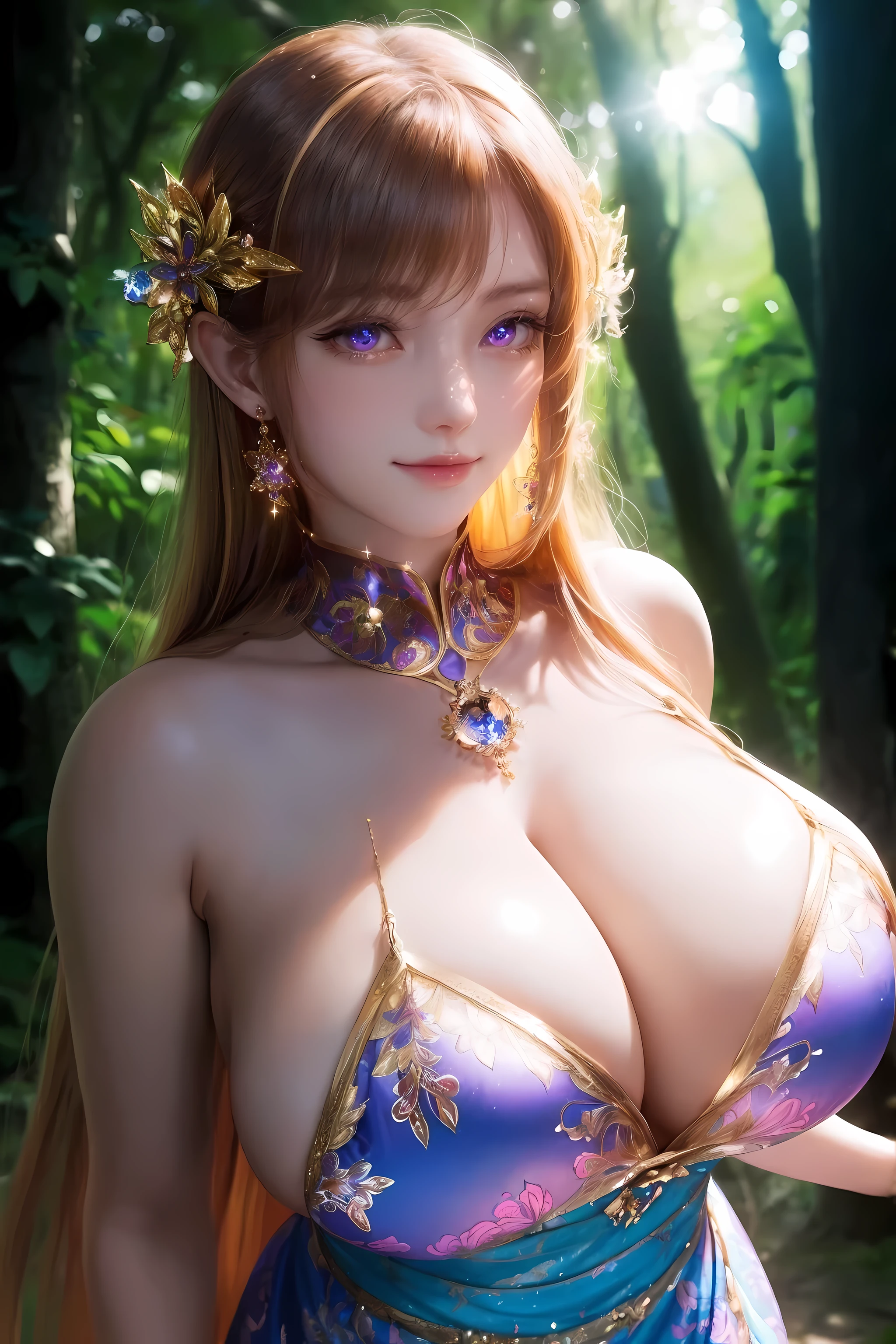 (best quality,4K,8k,high resolution,masterpiece:1.2),super detailed,soft light,subtle tones,sensual atmosphere,ethereal beauty,seductiveexpression,long golden hair,flickering eyes,Delicate nose,Sweet mouth,Prominent facial features,Charming and confident pose,charming smile,Stunning forest environment,Dappled sunlight filtering through the trees,secret whispers,floral pattern on her dress,Sparkling jewels adorned her,There&#39;s magic floating in the air,Elf Girl,Sexy,完美s face,huge breasts,s face