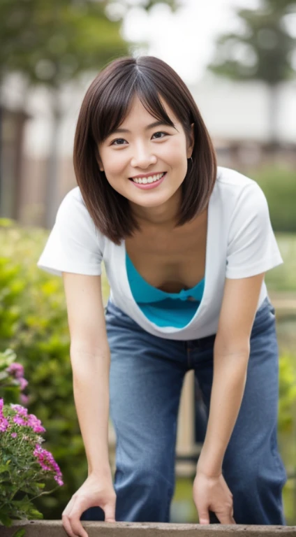 ((史上類を見ないmasterpiece、highest quality、woman, 58 years old、(wrinkled face:1.1)、(wrinkled body:1.3)、grin and laugh、japanese mature、((sloppy body:1.1))、erotic lingerie、down blouse、(leaning forward:1.3)、(oversize tshirt、Loose-fitting T-shirt、Low Cut T-Shirt:1.2)、(highest quality、8K、32K、masterpiece)、(Detailed bra)、Japanese、squat、bright smile、outside the house、blurred background、upper body close-up、shot from above、Take out the garbage、skirt