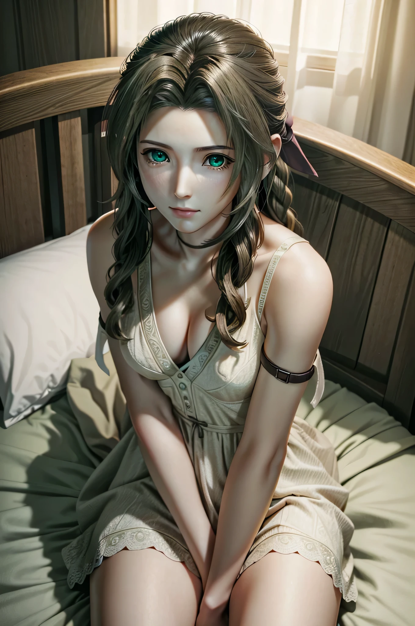 ((ultra detailed, masterpiece, best quality)) FF7Aerith, 1girl, solo, single braid, green eyes, brown hair, sit on bed