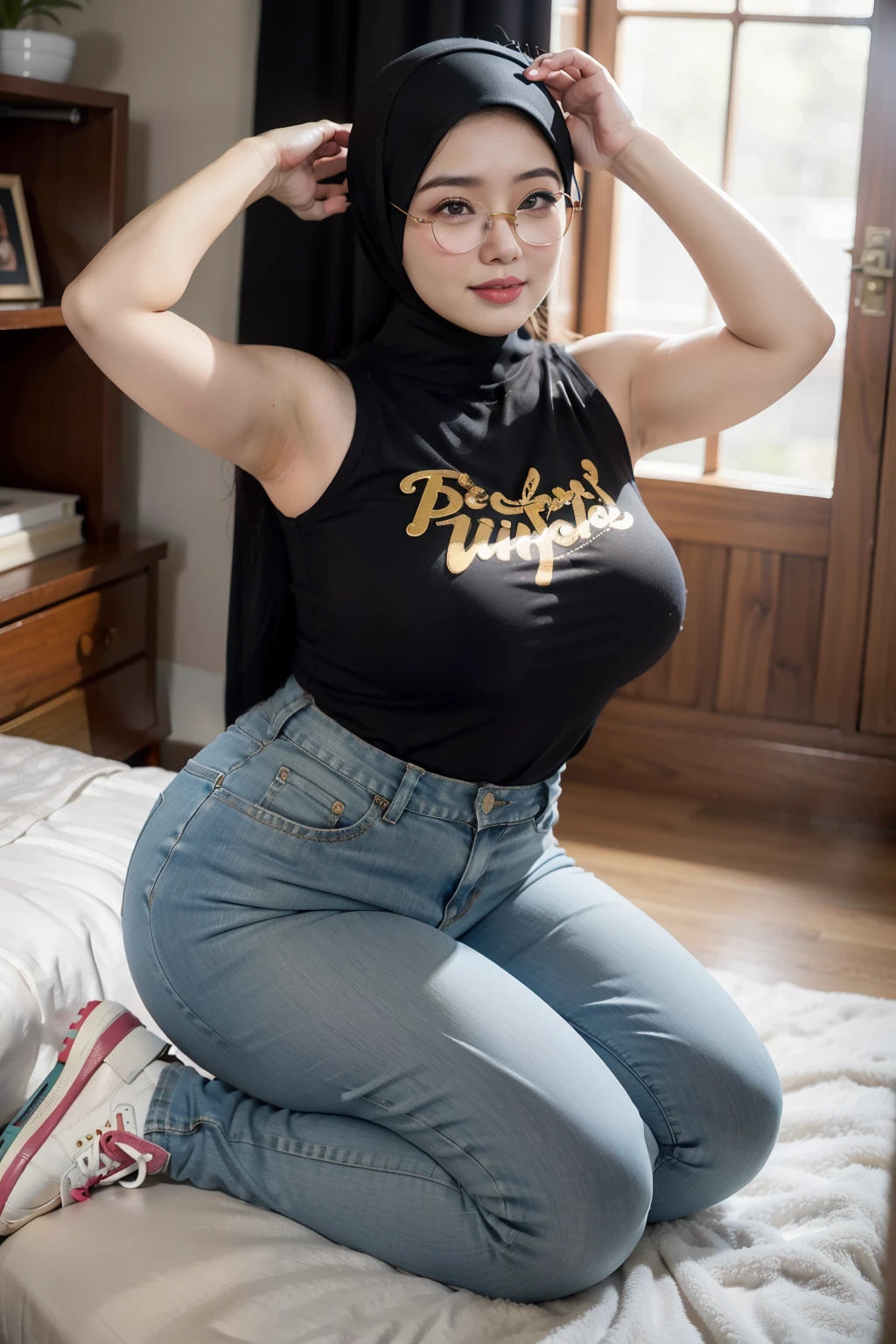 wanita berhijab syariah, wearing gold t-shirt, sneakers, chubby cheeks, chubby arm, chubby, glasses, big breast, chubby tight, wearing a hijab, bbw, bbc, cute girl, mature and plump, plump woman, clean and smooth pics, all star, high quality, best quality, good vibes, nice look, tattooed, gorgeous, elegant, high resolution, super extremely resolution, flower tattoos, Perfect angle, mature woman, milf, tight t-shirt, skinny, perfect look, t-shirt, dark room, smile shy, woman 40 years old, black t-shirt, chubby cheeks, Thigh-length pants, sweaty, full bodies, tank top, high heels, dimples, armpits, massive thighs