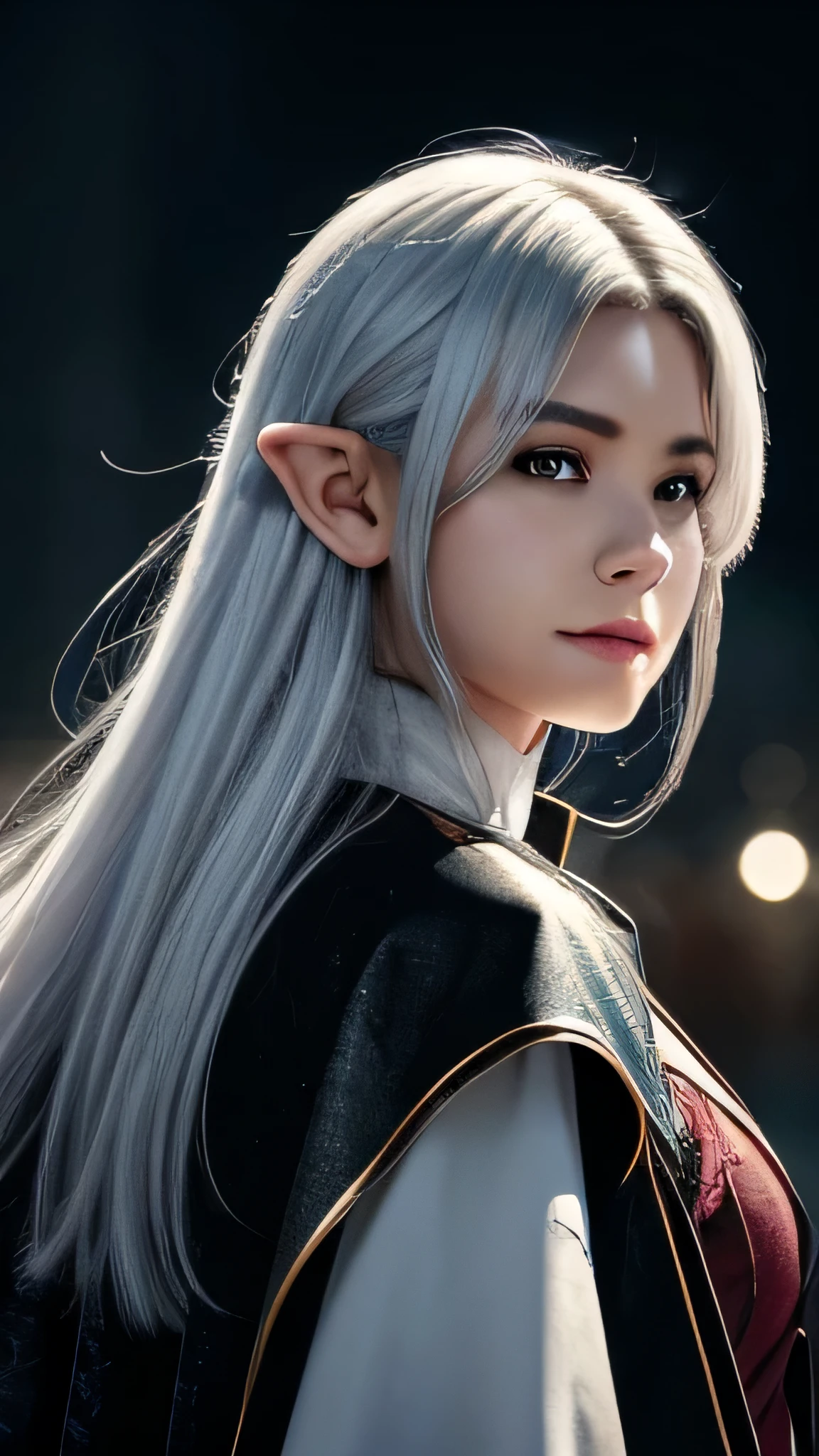 1girl,solo,1girl,solo, (detailed light),depth of field, (white hair),silver eyes, hair over one eye, (blue flower ), hair flower, long hair, black cloak, wet, emotionless, looking back, night, starfall, raining, fog, red flowers falling ,sketch, upper body, intense shadows, elf, tavern, top rated on pixiv, fine details