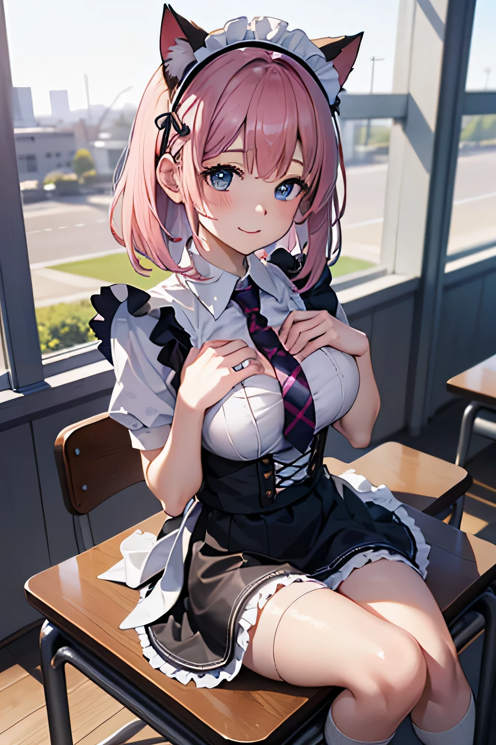 ((table top, highest quality, High resolution, nffsw, perfect pixel, 4K,)), 1 girl, Beautiful woman、I could see the whole body、RAW photo, absurd, award winning portrait, concentrate,masterpiece, highest quality, High resolution,8K, Complex, elegant, very detailed,dynamic lighting,(blurred background:1) 、((pink hair)), ((pink tie cat ears)), ((anime girl)), ((detailed face, blush:1.2)), ((smooth texture:0.75, realistic texture:0.65, realistic:1.1, Anime CG style)), (((leaning forward、chest to chest)))、closed mouth、 big breasts、smile like an idol、((black maid outfit, white shirt, black skirt, )、((she'She's definitely wearing a maid outfit))、((plaid skirt、white knee-high sox)), classroom without people