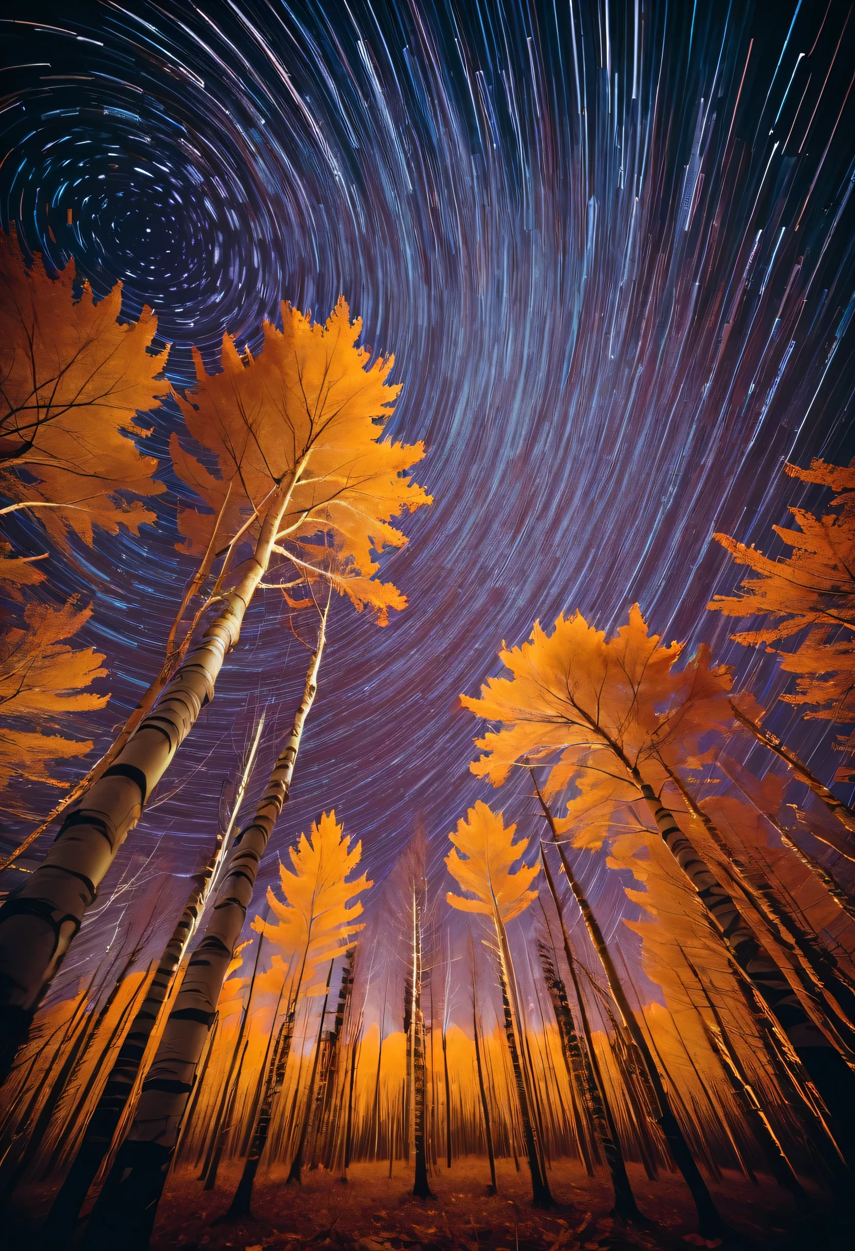 ((Best Quality, 8K, Masterpiece: 1.3)), landscape, morning shoot, star trail, slow speed, standing young man with black hair, black jeans, look at the stars, amazing scenery, (rotating star trails:1.4),(long exposures:1.3),dreamy scenes,extreme beauty,dim light,