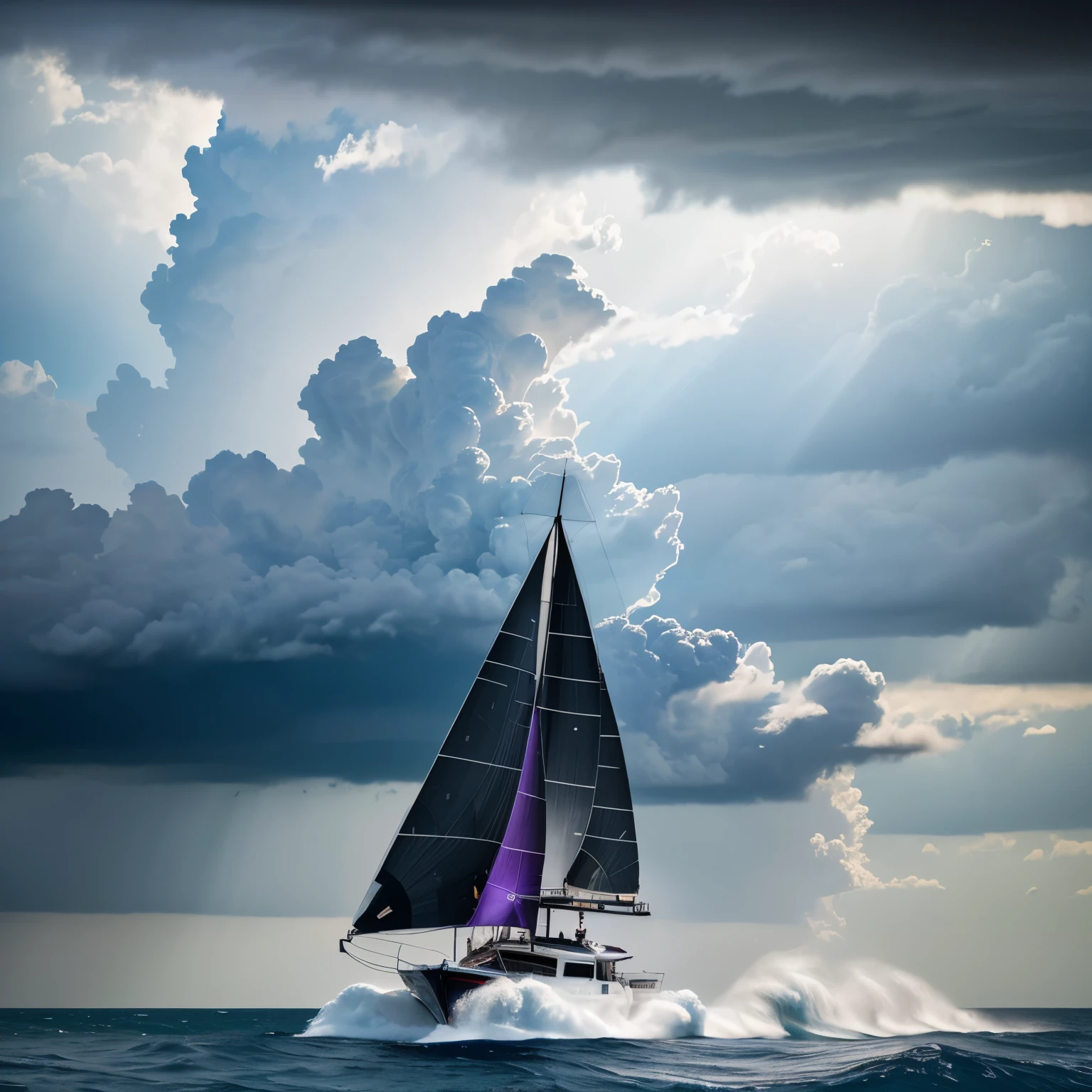 (a catamaran) in stormy weather, (sailing on) the open sea, (struggles to) turn on a (massive) giant wave, (trying to) defy the power of nature. The catamaran, (with) its sleek design, (is) sturdy and (resilient), (battling) against the (strong) wind and (roaring) waves. The (dark and ominous) storm clouds (hover) above, (casting) shadows over the wild sea. The waves (crash and) spray (around the catamaran), (creating) a sense of (drama and tension). The (intense) waves (tower) high, (loom) over the boat, (threatening) to engulf it. (The) catamaran, (with its) (sailor) onboard, (demonstrates) exceptional (skill and bravery), (maneuvering) against the (unforgiving) elements. The (adventurous) scene (captures) a moment of (adrenaline) and (daring), (showcasing) the (struggle) between man and nature. The colors of the artwork (reflect) the (stormy) atmosphere, with shades of (deep blues, grays, and purples), (creating) a (mysterious and captivating) ambiance. The lighting (highlights) the (dramatic) elements, with (rays of sunlight) breaking through (the storm clouds), casting a beautiful (contrast) between light and shadow. The artwork (offers) an (impressive, dynamic, and) stunning visual experience, (displaying) the (powerful) beauty of nature and the (indomitable) spirit of human exploration.(best quality,highres,masterpiece:1.2),(realistic,photorealistic,photo-realistic:1.37),dramatic lighting,vivid colors,oceanic landscape,wild and untamed nature,)
注意:这里使用的关键词(keyword)是以括号“()”包裹起来的,以增加关键词的强度。