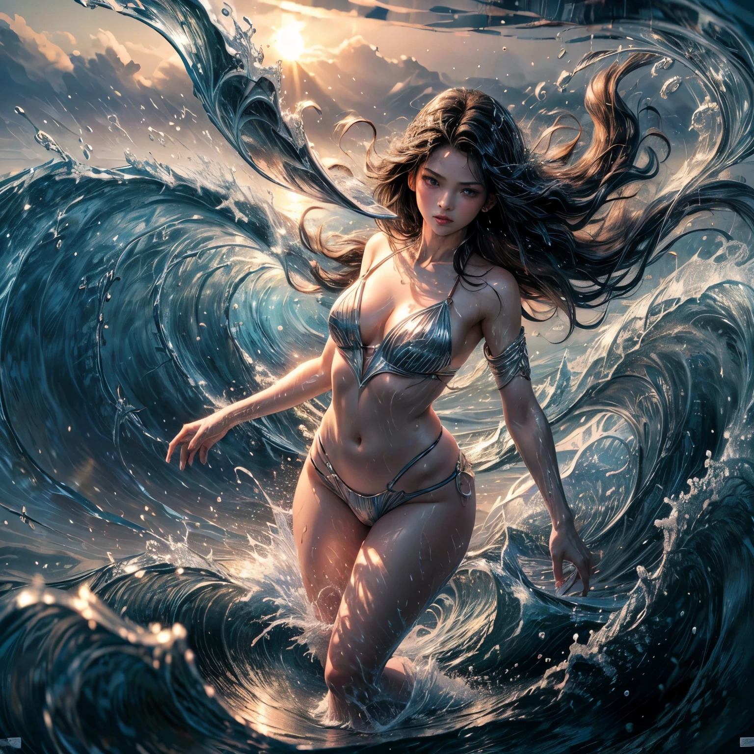 Best quality,masterpiece,ultra high res,,yushuishu,1girl,solo,black hair,water,waves,lips,full body,slash water.,The normal hand.,