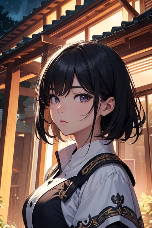 Hoang Lap,High resolution,super detailed,(1 girl:1.3), thunder ,I am depicting a scene set at the entrance of a house.,I have short black hair、expressive face、cute costumes、expression of surprise。 thunder ,Drawing a double-exposure image,Create unique artistic effects。