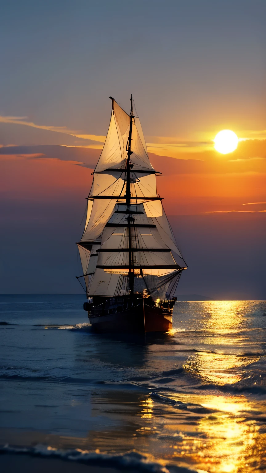highest quality。masterpiece。detailed details。A sailing ship anchored in a cove with calm waves。folding the sails。Illuminated by the setting sun。The background is a Caribbean island々。dynamic light。