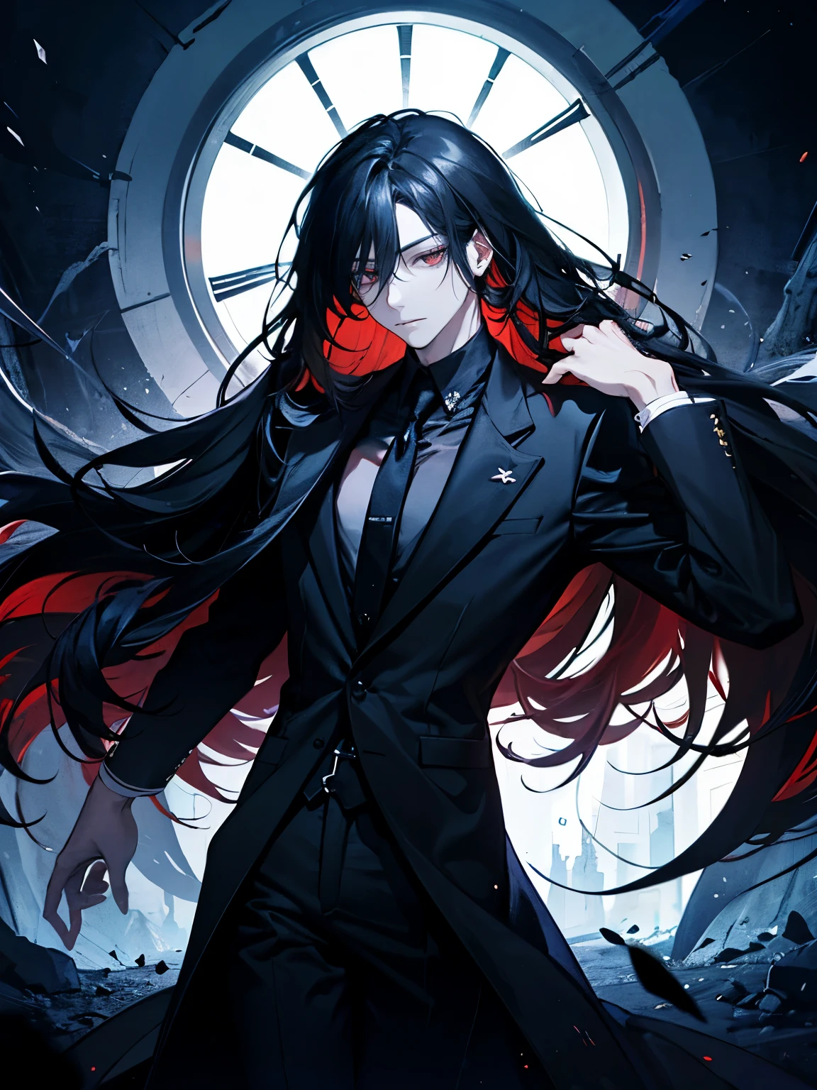 1man,Masculinity,Gorgeous dark atmosphere, man in black suit,red eyes,Long pure black hair,late night,Very long black hair