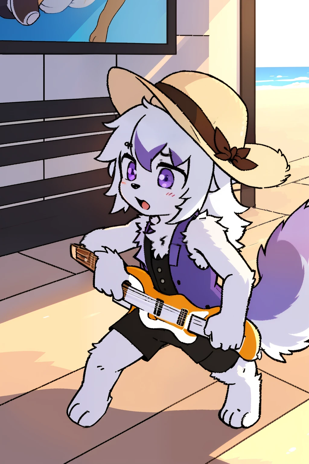 the only person，hairy male，hairy body，exhibit，Coyotes，canine，gray fur，long white hair，The ends of the hair are purple，purple eyes，being bullied，charming，Handsome，big tail，Full body female love，Play the guitar，Summer vest，Summer shorts，straw hat，fresh，Sunlight，Energetic，toddler，horny boy