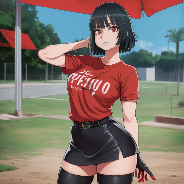 8k, Mejor calidad, obra maestra:1.2), (Realista, photo-Realista:1.37), ultra detallado, 1 chica,lindo, Solo, (fubuki), (pechos enormes:1.5),(beautiful detailed ojos), (Sonrisa:1.2), (boca cerrada), erotic pose, baile, outside an industrial factory, profundidad de campo, sombras oscuras e intensas, Sharp focus, profundidad de campo, buena composicion, Luz verde brillante, One Punch Man (Camiseta sin mangas blanca, top escotado, escote:1.3), (Black leather mini skirt with belt:1.3) (rojo gloves and boots) (cuerpo completo:1.5), reposacabezas, labios, cara bonita, pelo largo recogido bajo, ((rojo_ojos:1.3)), (noche:1.2), intrincado, bokeh, cinematic lighting, mapeo de fotones, radiosidad, physically based rendering, (Estilo Tetsuya Nomura), NSFW, pechos perfectos, vista desde arriba