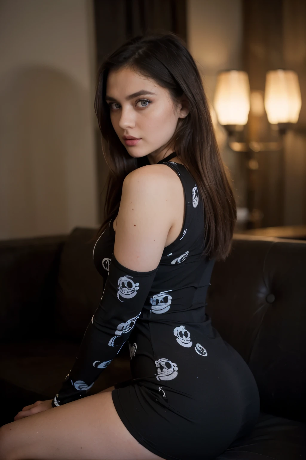 ((best quality)), ((masterpiece)), ((detailed)), ((detailed face)), ((perfect eyes)), ((detailed eyes)), ((22 years old)), ((big black eyes)), perfect eyes, natural light, ((night)), ((big ass)), ((vibrant black colours)). ((wearing tight dress)) ,((unique cloth))((patterns)),(unique dress)), ((pose like supermodel)), sitting, nice hairstyle, in indoor, ((front facing)), ((low light))