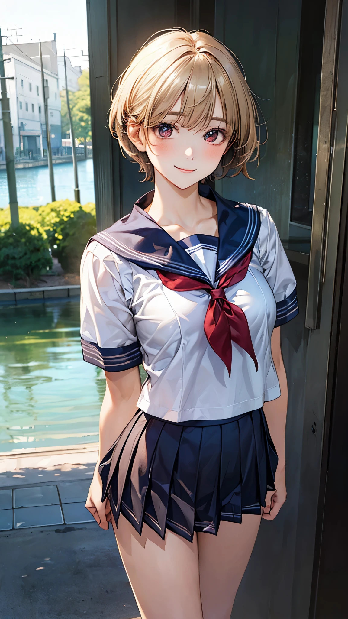 (masterpiece:1.2, top-quality), (realistic, photorealistic:1.4), beautiful illustration, (natural side lighting, movie lighting), nsfw,
looking at viewer, cowboy shot, front view:0.6, 1 girl, japanese, high school girl, perfect face, cute and symmetrical face, shiny skin,
(short hair:1.5, pixie cut:1.4, blond hair), bangs pinned back, red eyes, long eye lasher, (large breasts:0.6, thick thighs),
beautiful hair, beautiful face, beautiful detailed eyes, beautiful clavicle, beautiful body, beautiful chest, beautiful thigh, beautiful legs, beautiful fingers,
((detailed cloth texture, short sleeves cute sailor suit, pleated skirt, sailor collar, sailor scarf, socks, brown loafers)),
(beautiful scenery), evening, riverside, standing, wave hands, (lovely smile, upper eyes),