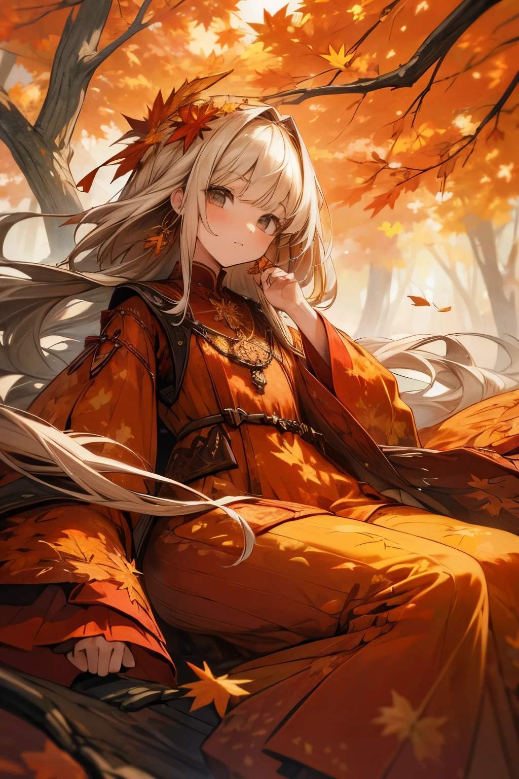 Orange clothes，Maple leaves，long  white hair，falling leaf