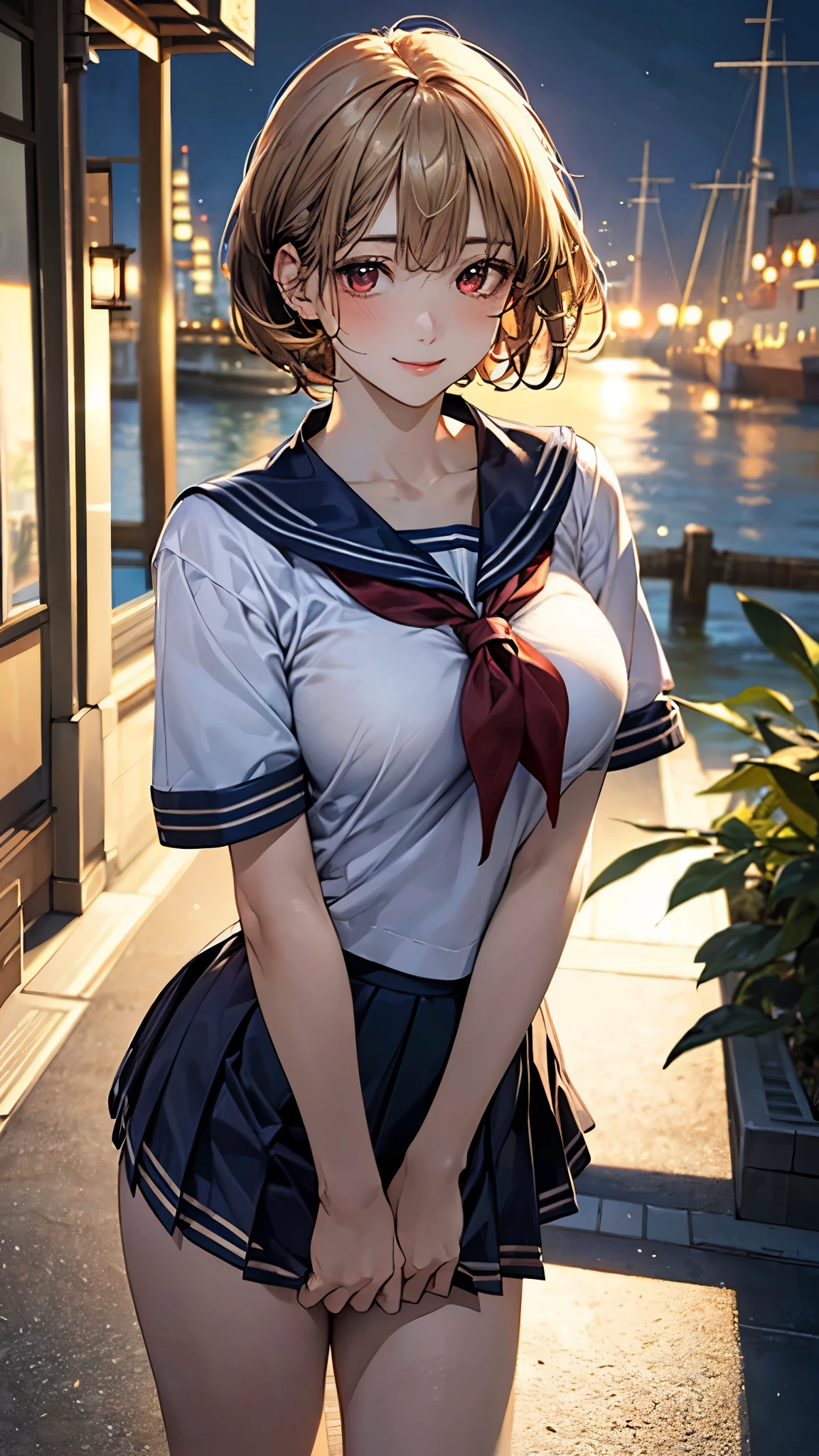 (masterpiece:1.2, top-quality), (realistic, photorealistic:1.4), beautiful illustration, (natural side lighting, movie lighting), nsfw,
looking at viewer, cowboy shot, front view:0.6, 1 girl, japanese, high school girl, perfect face, cute and symmetrical face, shiny skin,
(short hair:1.5, pixie cut:1.4, blond hair), bangs pinned back, red eyes, long eye lasher, (large breasts:0.6, thick thighs),
beautiful hair, beautiful face, beautiful detailed eyes, beautiful clavicle, beautiful body, beautiful chest, beautiful thigh, beautiful legs, beautiful fingers,
((detailed cloth texture, short sleeves cute sailor suit, pleated skirt, sailor collar, sailor scarf, socks, brown loafers)),
(beautiful scenery), evening, riverside, standing, wave hands, (lovely smile, upper eyes),