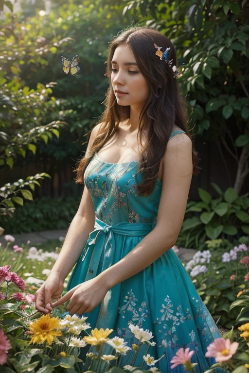 realistic portrait, soft lighting, vibrant colors, flowing brown hair, sparkling blue eyes, delicate features, wearing a floral dress, standing in a blooming garden, surrounded by colorful butterflies, with a gentle smile on her face, enjoying the sunshine. Full body, petite,