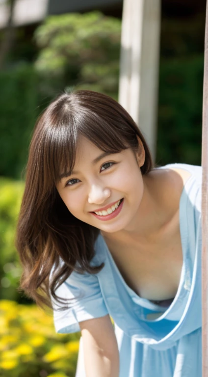 ((史上類を見ないmasterpiece、highest quality、woman, 58 years old、(wrinkled face:1.1)、(wrinkled body:1.3)、grin and laugh、japanese mature、((sloppy body:1.1))、?????? lingerie、down blouse、(leaning forward:1.3)、(oversize tshirt、Loose-fitting T-shirt、Low Cut T-Shirt:1.2)、(highest quality、8K、32K、masterpiece)、(Detailed bra)、Japanese、squat、bright smile、outside the house、blurred background、upper body close-up、shot from above、garden、skirt