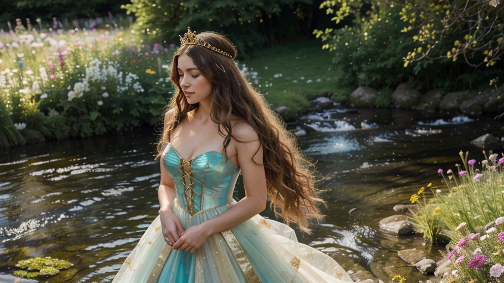 Hyper realism, HD, Erotic. A dainty lady, long wild wavy hair. Fragile, alluring. Wearing a golden, jewel encrusted crown, she is a queen. Walking alongside a babbling brook in a meadow filled with cottage garden flowers. An almost transparent dress composed entirely of elegant, iridescent, gossamer like thread from spiders web, spun into a magical costume, shimmers in the light and subtly reflects the colors of the flowers. She and the foreground are in ultra high focus, full body view of the lady