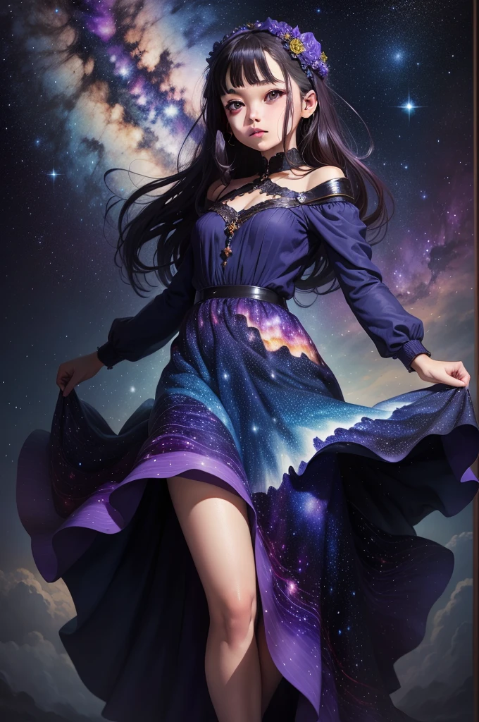 amazing looking young woman, cute, large eyes, looking up at space, whimsical, intricate, audaciously detailed fantasy, long wavy purple hair, 64 megapixels, 8K, HDR, charming, epic colors, painted by Fiona Staples, light and shadows, 4k, starry brilliance, HD, detailed fantasy, digital art (фотореализм, высокое качество, Деталь, шедевр, Лучшее качество:1.2), плиссированный (красный) (пухлый) юбка ((full knee length юбка)), черные ботинки