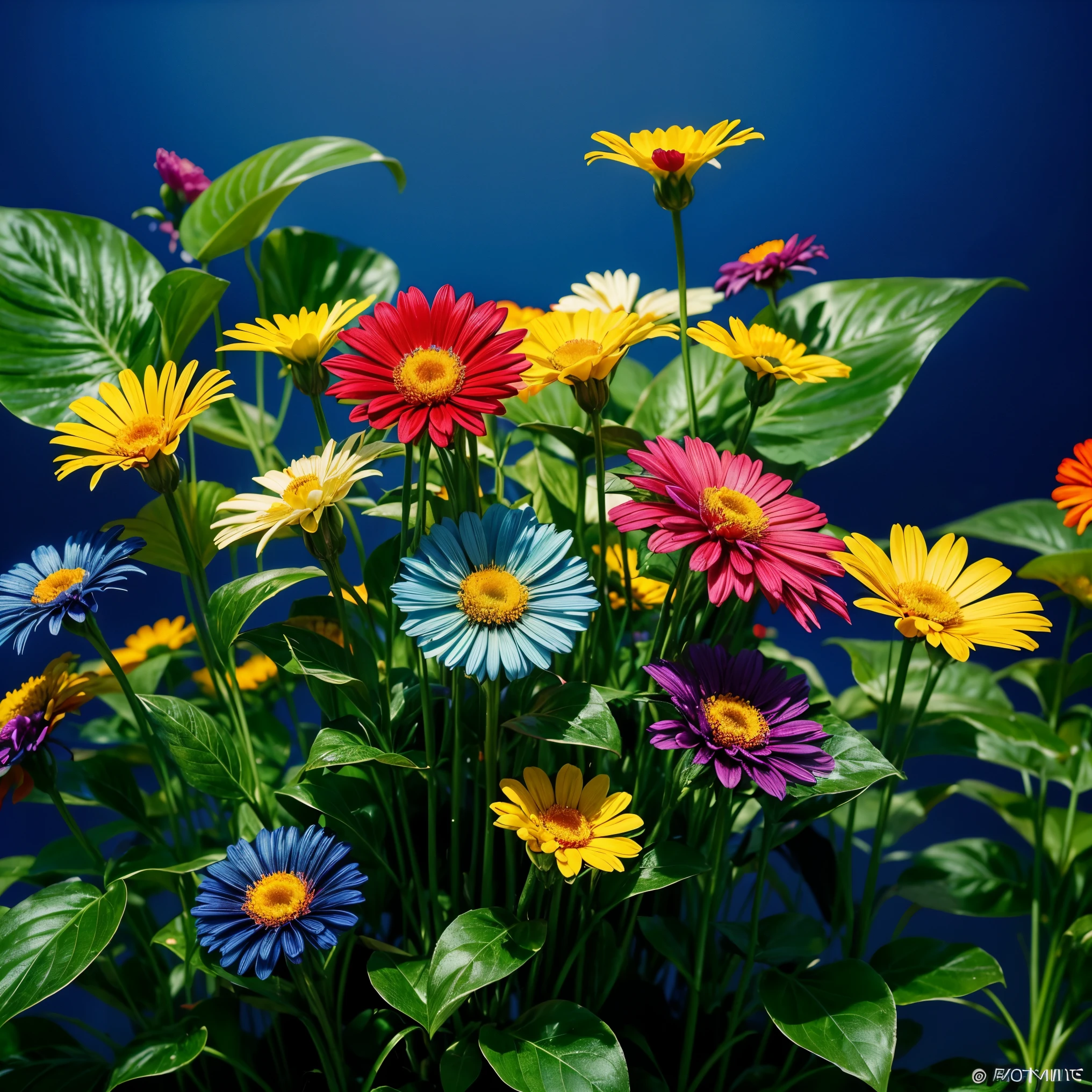 Create a flat, colorful image featuring a variety of flowers in vibrant, attractive colors. The image should be cheerful and full of energy, with clearly defined, detailed flowers of various sizes and shapes. The flowers should be evenly distributed, creating a repeatable pattern, perfect for printing on apparel such as t-shirts or dresses. The color palette should be broad, including reds, blues, yellows, greens, and other vivid colors to make the image eye-catching. The style of the image should be modern and trendy, suitable for use in POD (Print on Demand) printing.