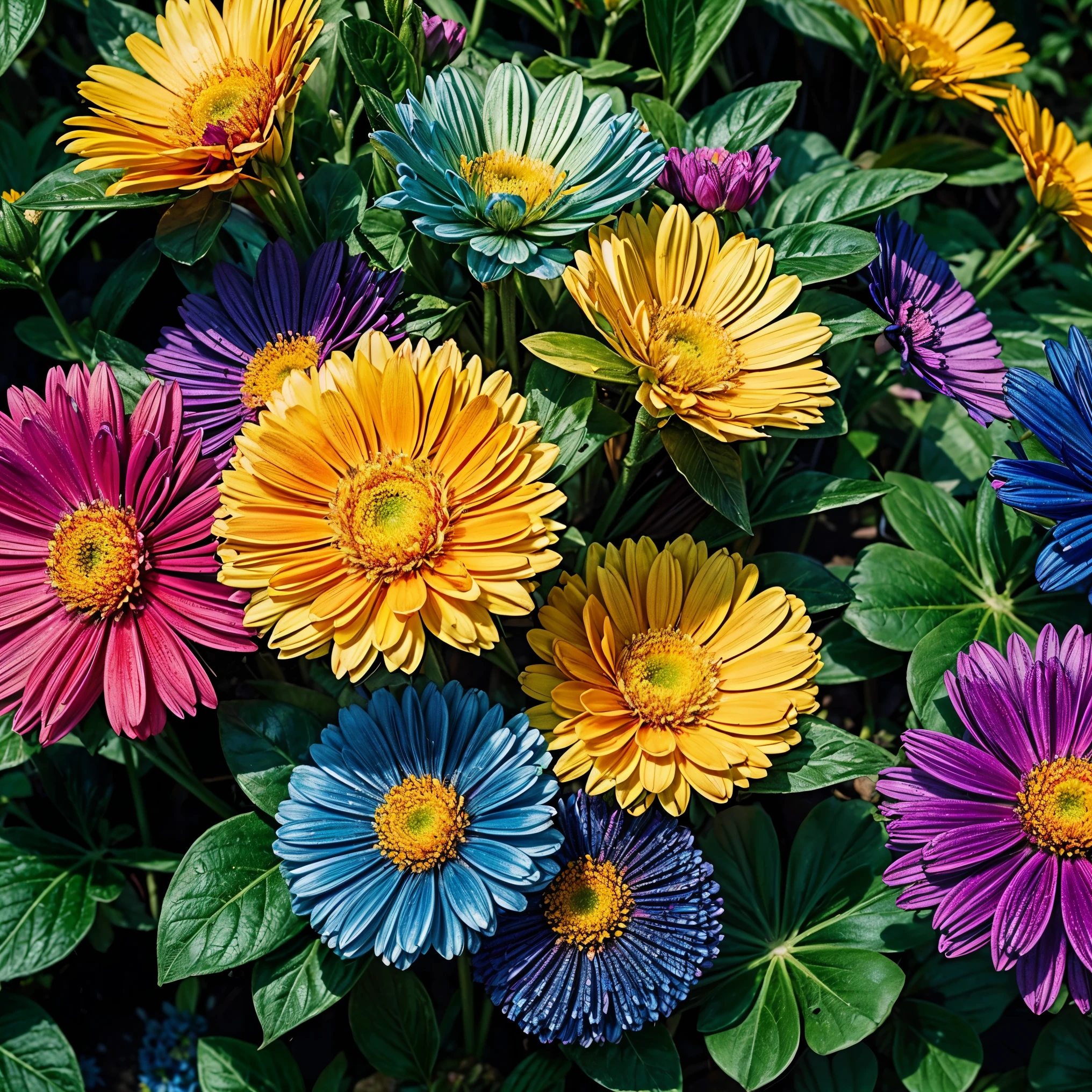 Create a flat, colorful image featuring a variety of flowers in vibrant, attractive colors. The image should be cheerful and full of energy, with clearly defined, detailed flowers of various sizes and shapes. The flowers should be evenly distributed, creating a repeatable pattern, perfect for printing on apparel such as t-shirts or dresses. The color palette should be broad, including reds, blues, yellows, greens, and other vivid colors to make the image eye-catching. The style of the image should be modern and trendy, suitable for use in POD (Print on Demand) printing.