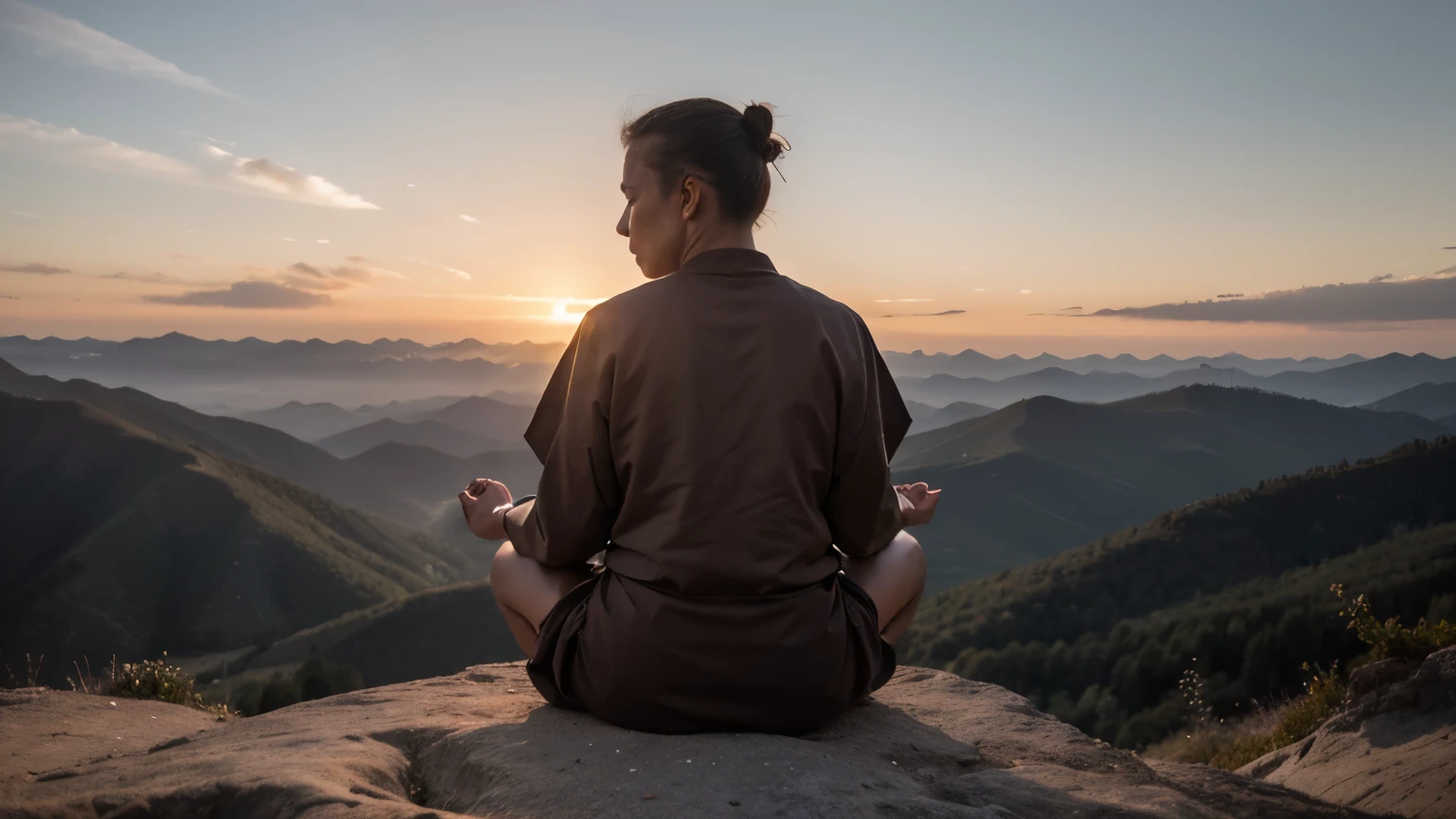 Former monk meditating on a mountain peak,,Sunrise behind the monk, Ultra fotorealistisch, viel Sonne und himmel