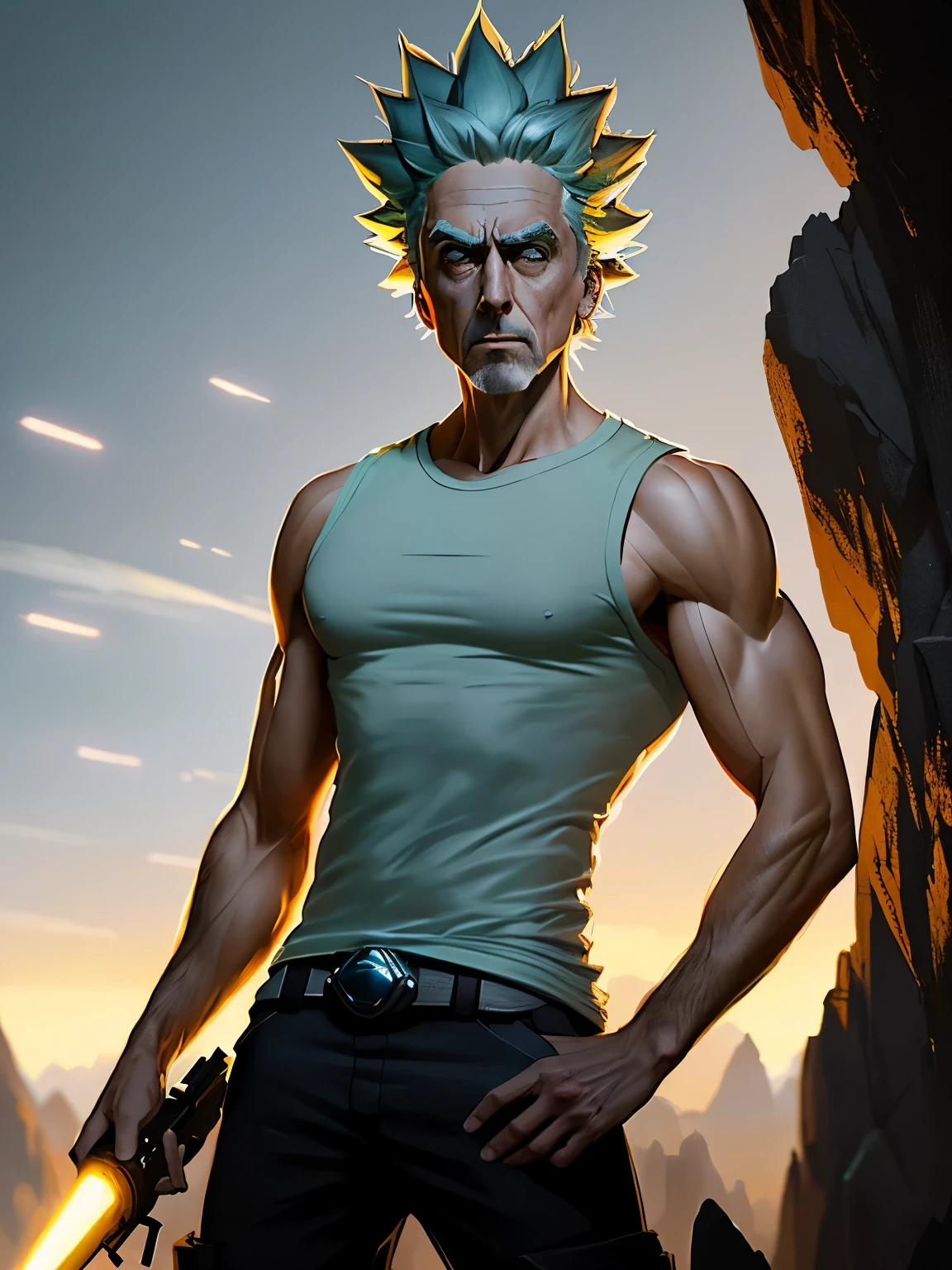 (Rick Sanchez), (estilo cartoon), Rick e Morty Universo, humano (Vestindo um casaco branco de um cientista e camiseta com uma imagem dele e Morty ), (((muscular))) Atey Ghailan, por Jeremy Mann, Greg Manchess, Antonio Moro, trends on artstation, trends at CGSociety, Intricado, alto detalhe, sharp focus, dramatic, arte de pintura fotorrealista de Midjourney e Greg Rutkowski, bokeh no fundo
