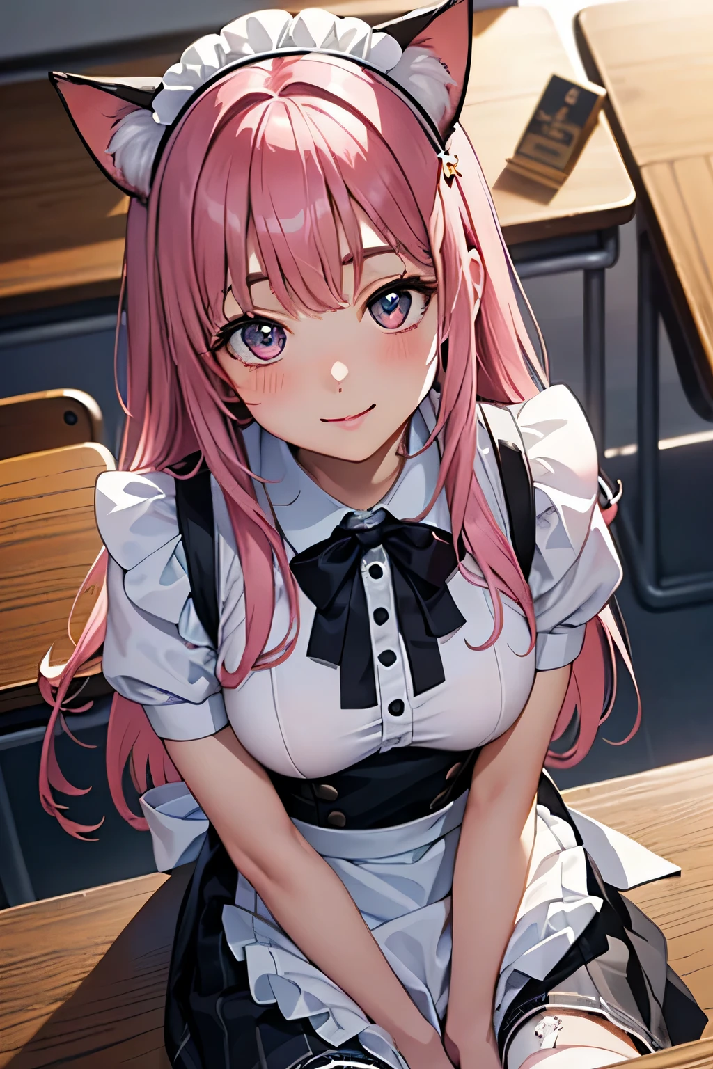 ((table top, highest quality, High resolution, nffsw, perfect pixel, 4K,)), 1 girl, Beautiful woman、I could see the whole body、RAW photo, absurd, award winning portrait, concentrate,masterpiece, highest quality, High resolution,8K, Complex, elegant, very detailed,dynamic lighting,(blurred background:1) 、(smile), （open your mouth）、((pink hair)), ((pink tie cat ears)), ((anime girl)), ((detailed face, blush:1.2)), ((smooth texture:0.75, realistic texture:0.65, realistic:1.1, Anime CG style)), (((leaning forward、Angle of looking up)))、closed mouth、 big breasts、アイドルのようなsmile、((black maid outfit, white shirt, black skirt, )、((she&#39;She&#39;s definitely wearing a maid outfit))、((plaid skirt、white knee-high sox)), classroom without people