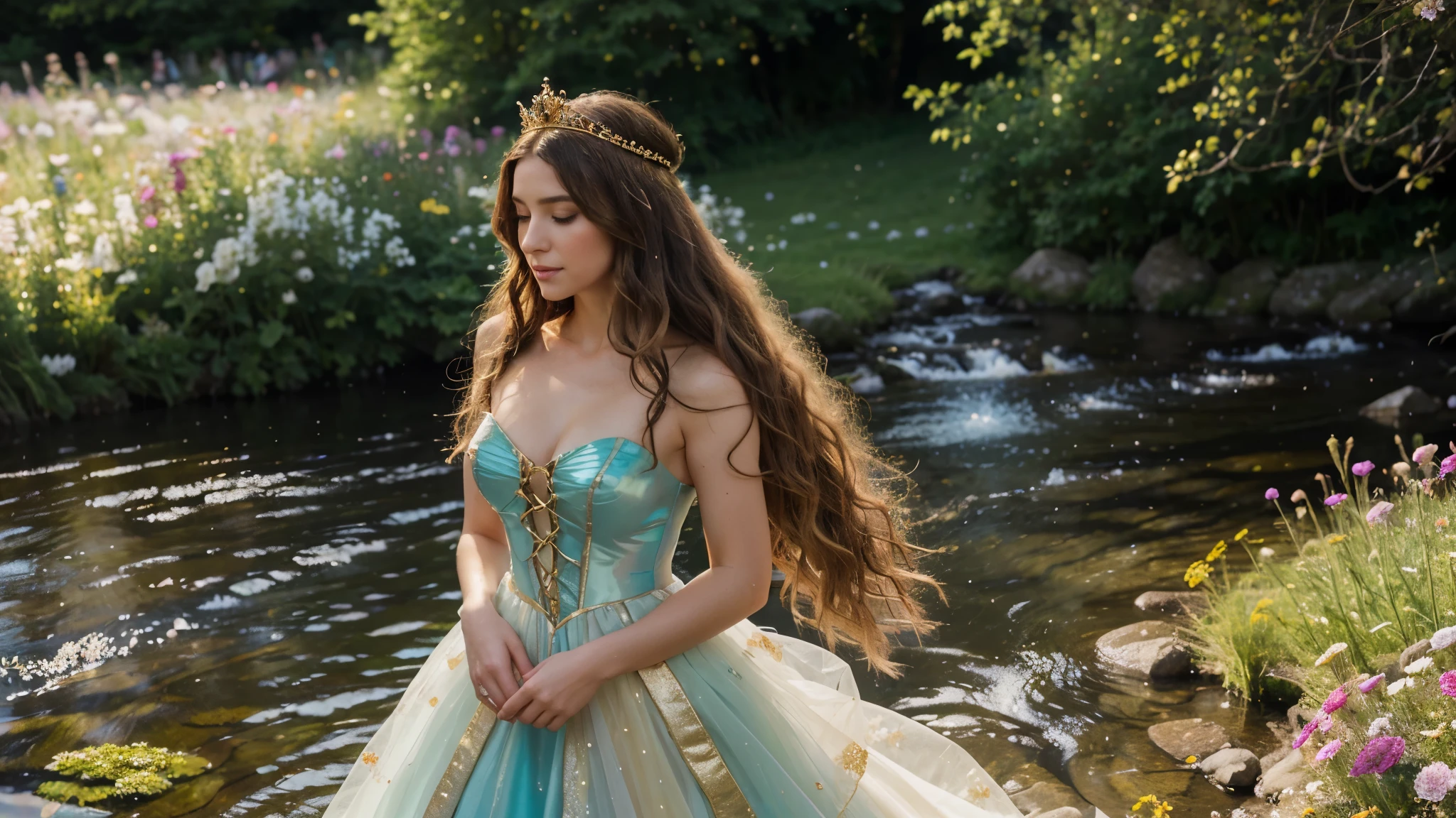 Hyper realism, HD, Erotic. A dainty lady, long wild wavy hair. Fragile, alluring. Wearing a golden, jewel encrusted crown, she is a queen. Walking alongside a babbling brook in a meadow filled with cottage garden flowers. An almost transparent dress composed entirely of elegant, iridescent, gossamer like thread from spiders web, spun into a magical costume, shimmers in the light and subtly reflects the colors of the flowers. She and the foreground are in ultra high focus, full body view of the lady