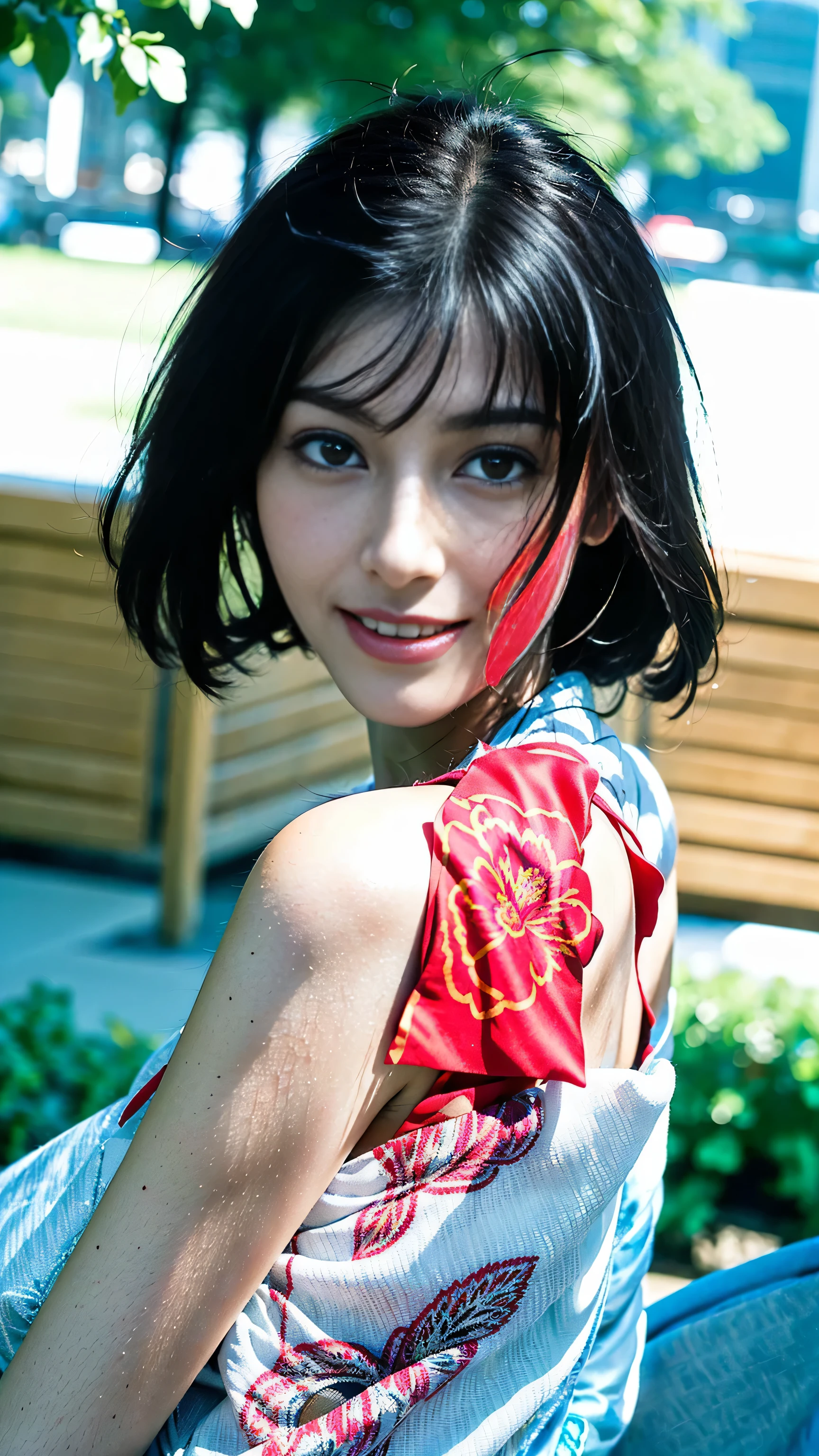 look at this and smile、Under the blue sky in midsummer、take off shoulders、best quality、Masterpiece、real picture、intricate details、original photo、super detailed、delicate face、delicate skin、White casual wear,8K masterpiece、( (1 girl in))、((alone) ))、18 years old、((long black hair))、((beautiful woman))、(a smile)、Top Teeth、fashionable、hair blowing in the wind、((flowing hair))、((a sexy))、((indirect lighting)、grinning、(looking from a distance)