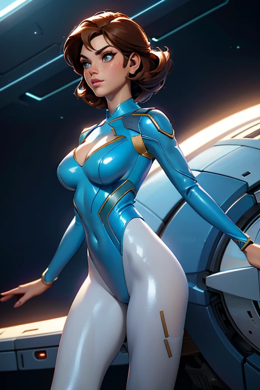 Best quality, 8K, vivid color, woman retro futurism, static pose, looking to observer, brown hair, long eyelashes, light blue shiny leotard, cleavage, metalic details, light pantyhose, neutral sci-fi white spaceship scenario