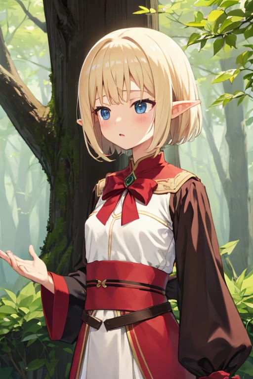 elf、delicate、small breasts、Short blonde hair、Long-sleeved clothing、bow、forest