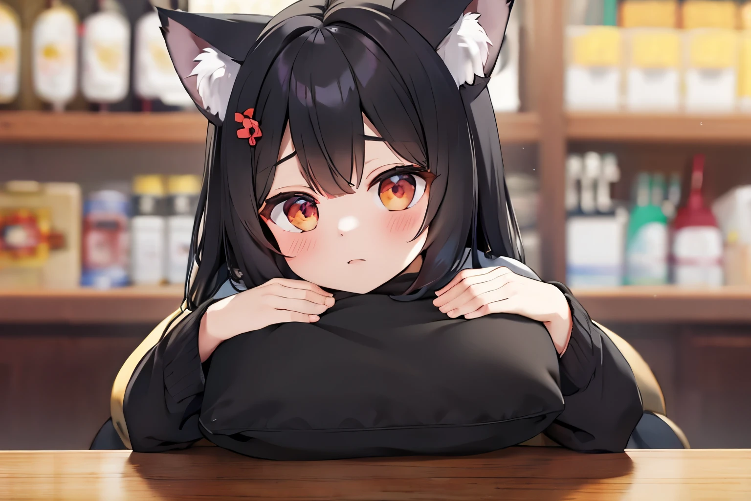 Highest image quality、highest quality、master piece、black hair、long hair、Ragged hair、wolf ears、(Futanari:1.2)