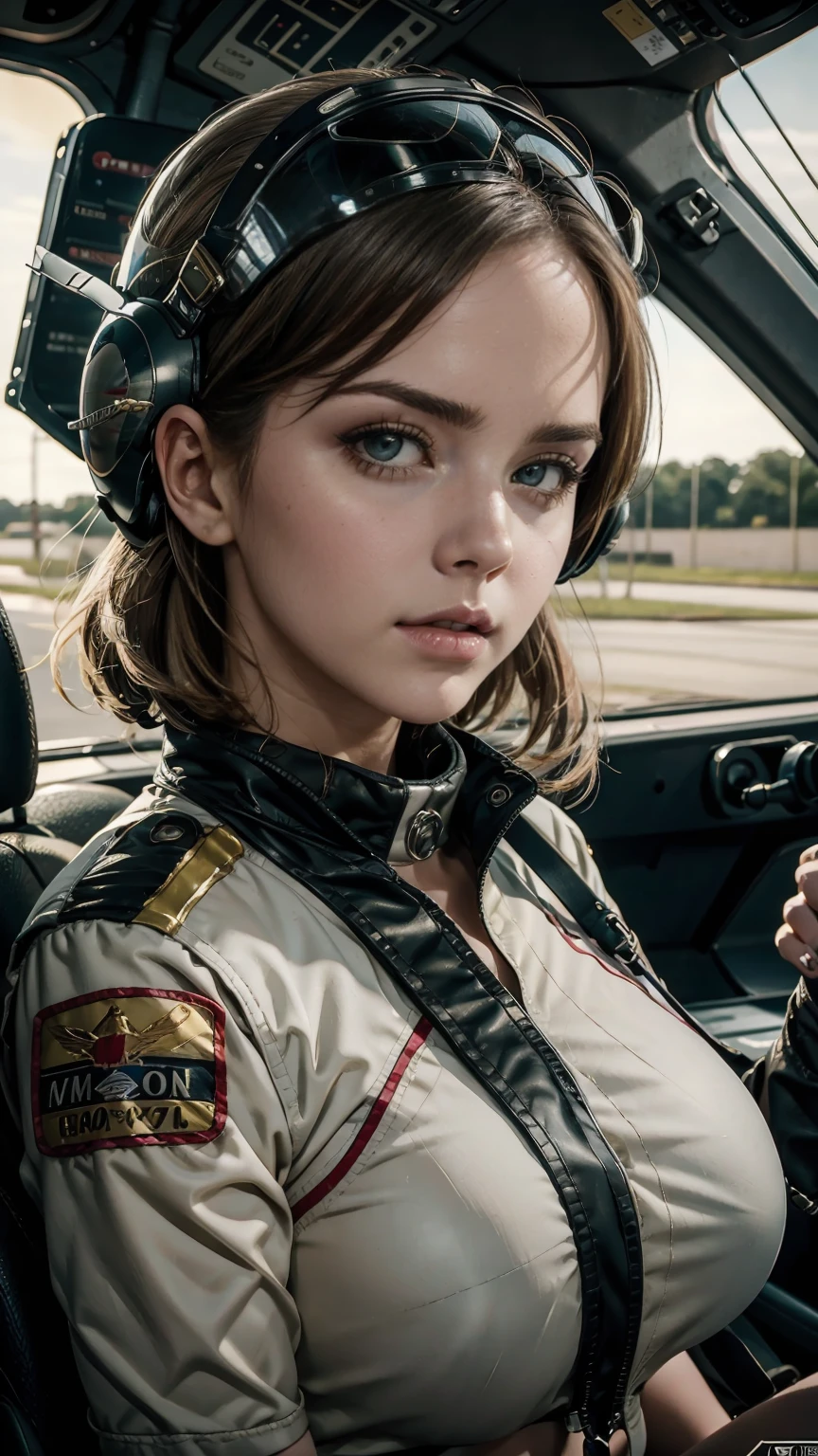 Close-up of a woman wearing a helmet and a helmet, 2 0 2 1 Cinematic 4K Frame Grab, barbarella, anna katarina block, fighter pilot in cockpit, grumpy : : wes anderson, retro pictures, fierce gorgeous woman, the 60's, high speed, Awarded at cgsociety, pompadour, nascar, 2015 shooting